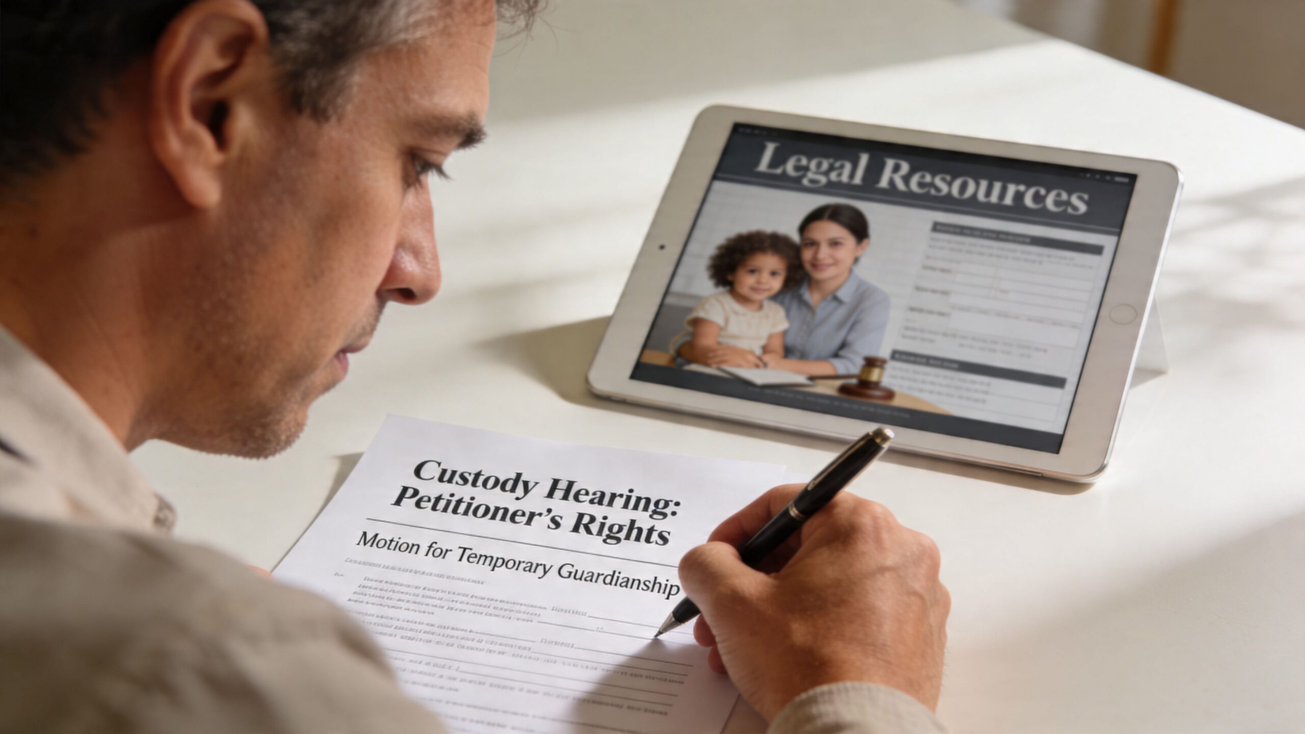 A man filling out a custody hearing petition form with a tablet displaying legal resources nearby.
