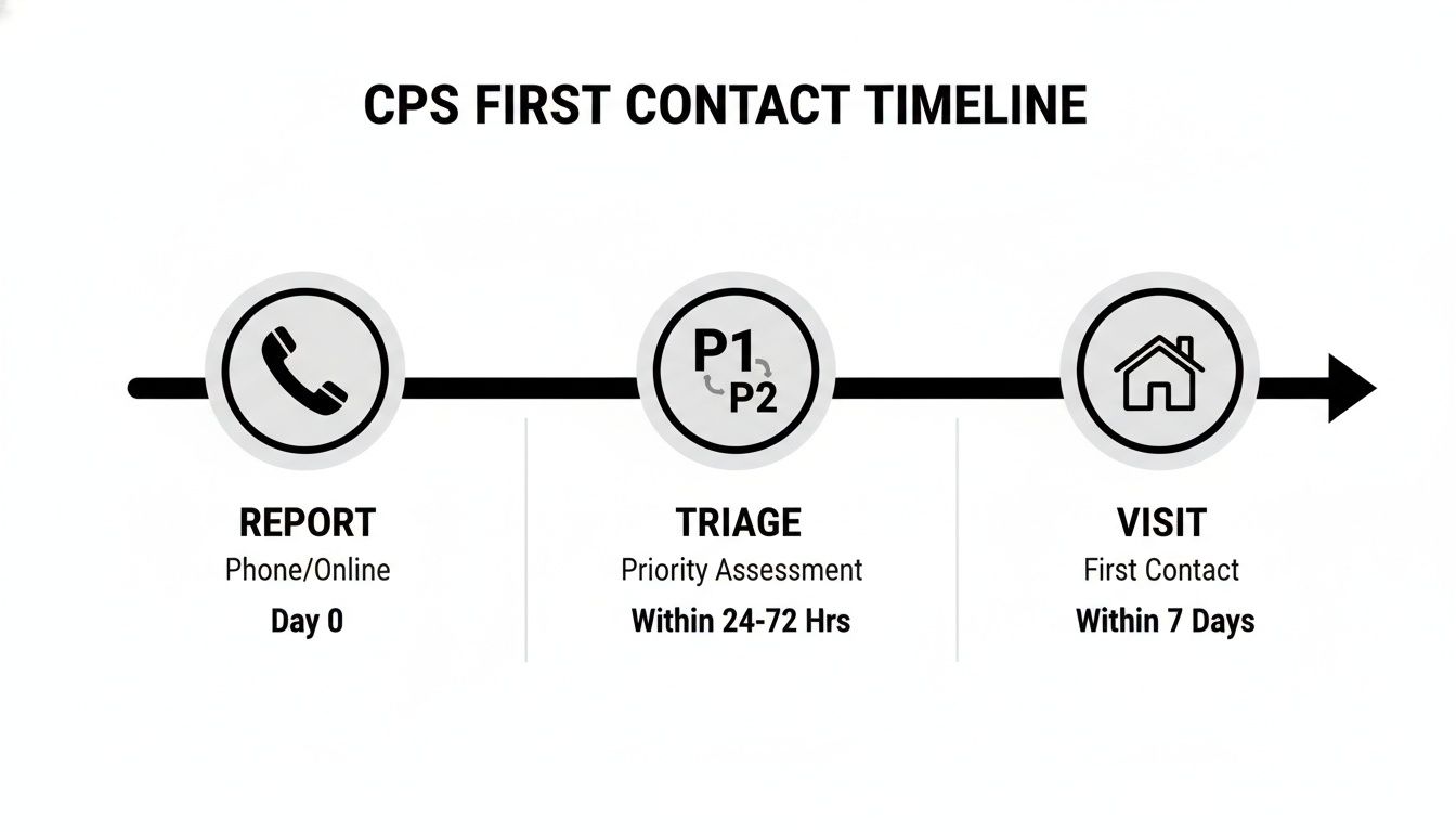Timeline illustrating the CPS first contact process, from initial report to the first visit.