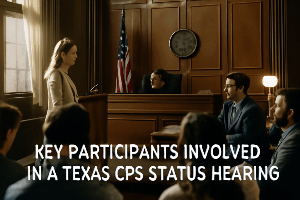 Key participants involved in a Texas CPS status hearing.
