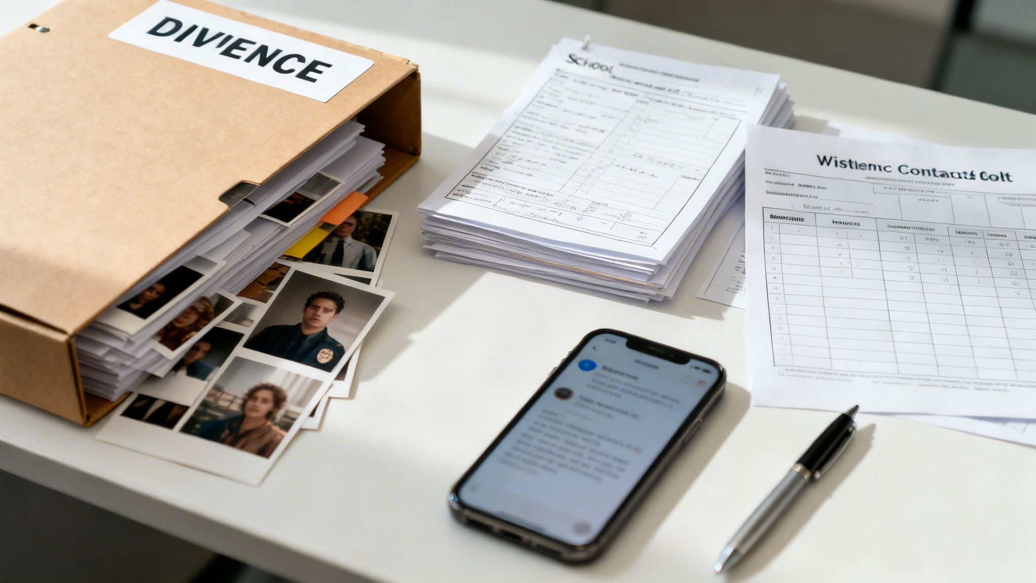 A desk scene featuring a file box labeled 'DIVIENCE', stacks of documents, scattered photos, a smartphone, and a pen, suggesting an investigation or research workspace.