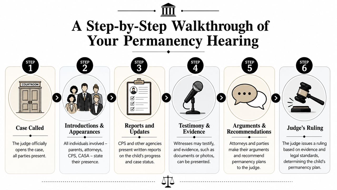 A six-step infographic detailing the legal process and stages of a CPS permanency court hearing.