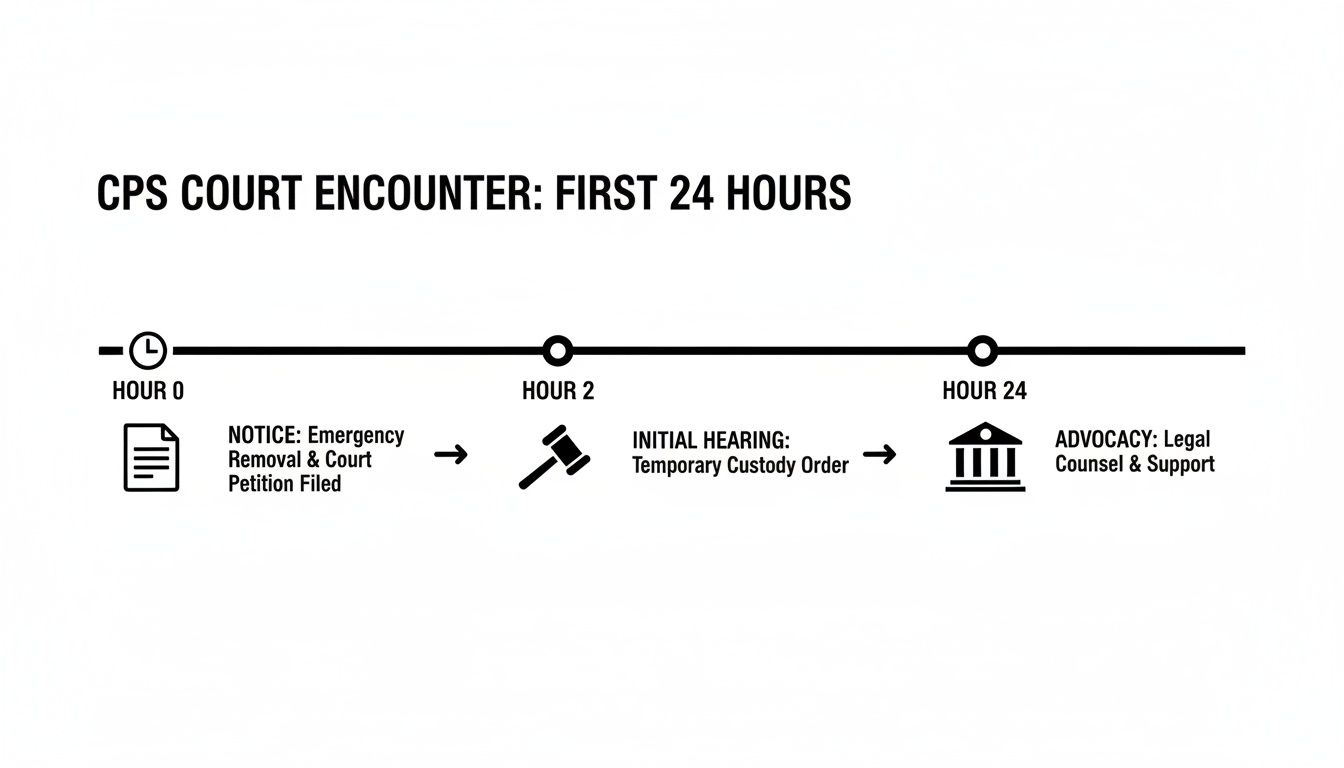 Timeline illustrating the critical first 24 hours of a CPS court encounter, from notice to legal support.