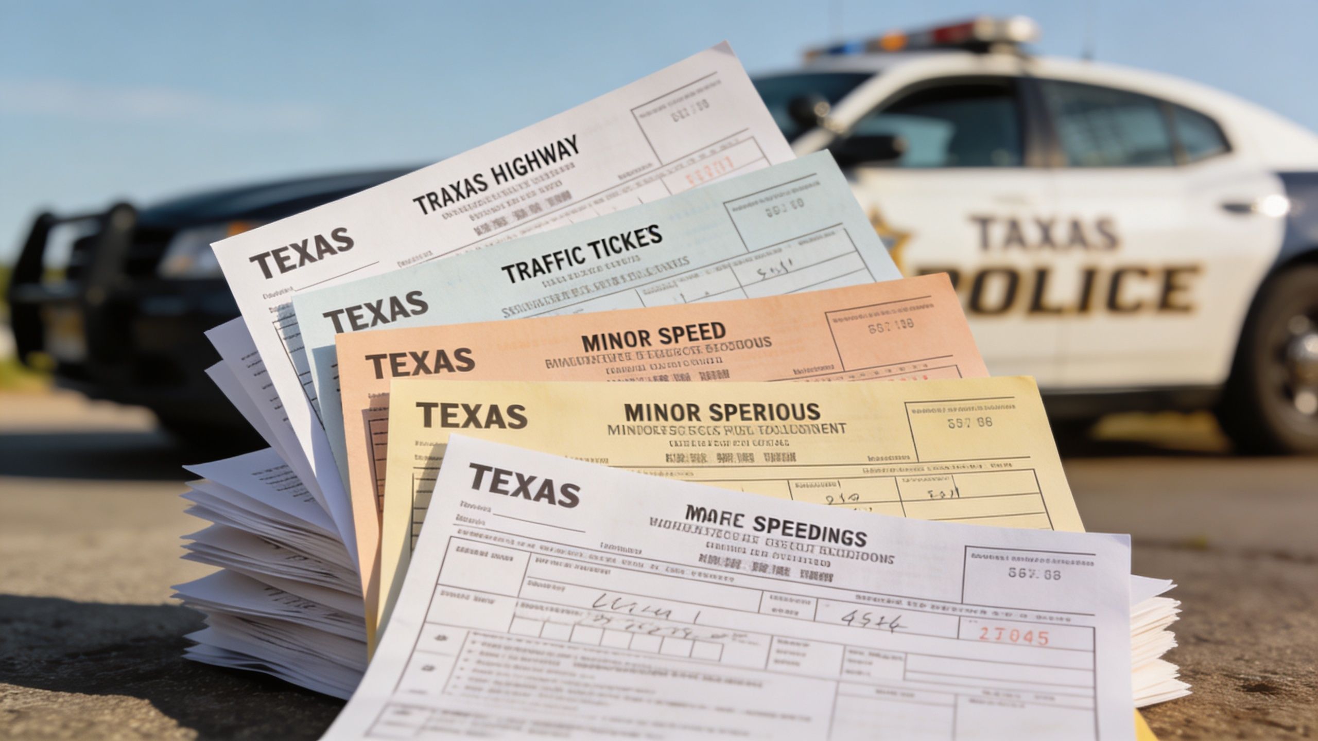 A stack of multiple Texas traffic violation tickets displayed in front of a parked police car.