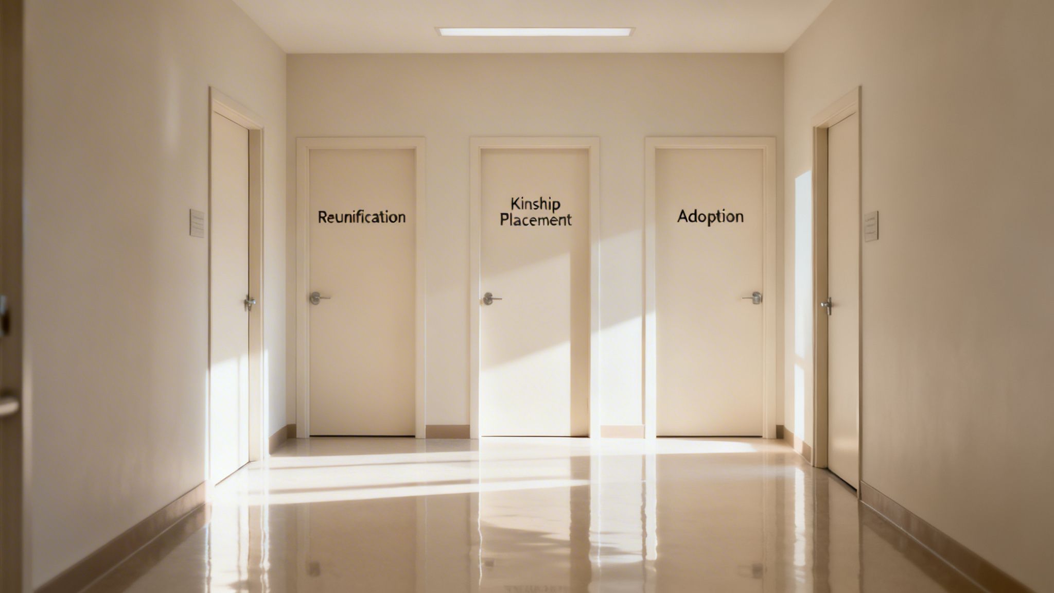 Three white doors in a bright hallway, labeled Reunification, Kinship Placement, and Adoption, symbolizing choices.