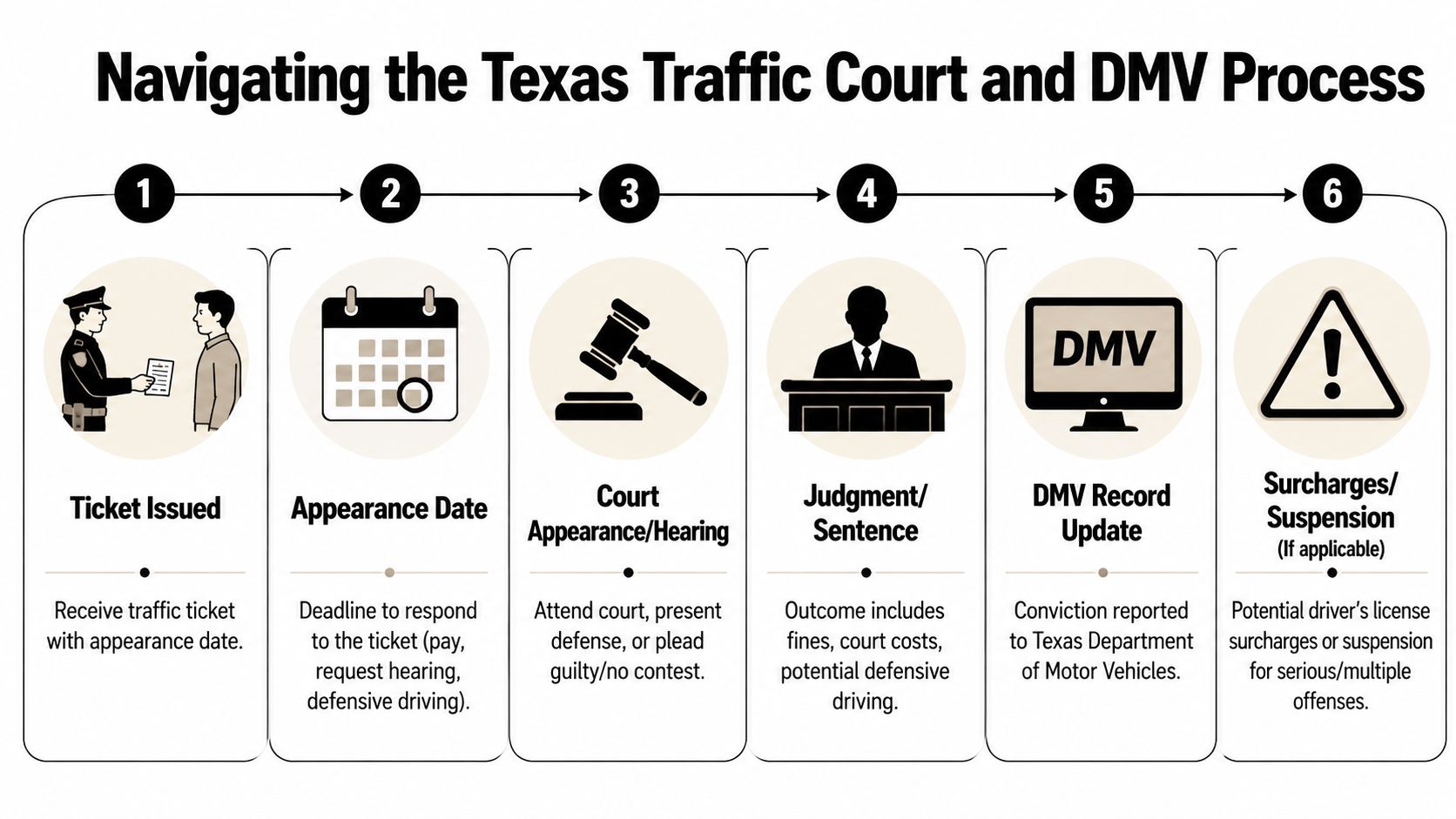 A six-step infographic illustrating the process of navigating a Texas traffic court and DMV record update.