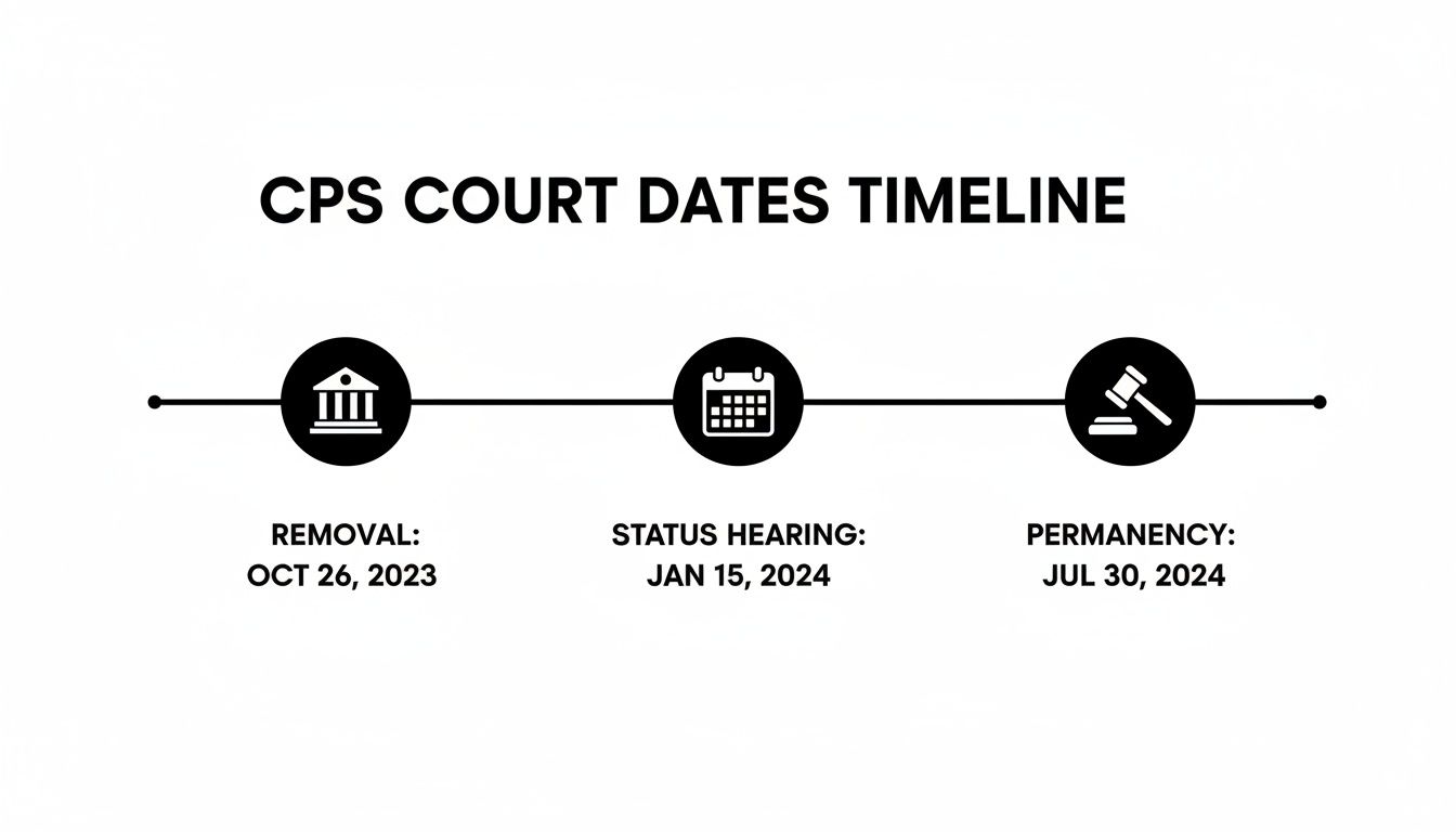 A CPS court dates timeline showing removal, status hearing, and permanency dates with icons.