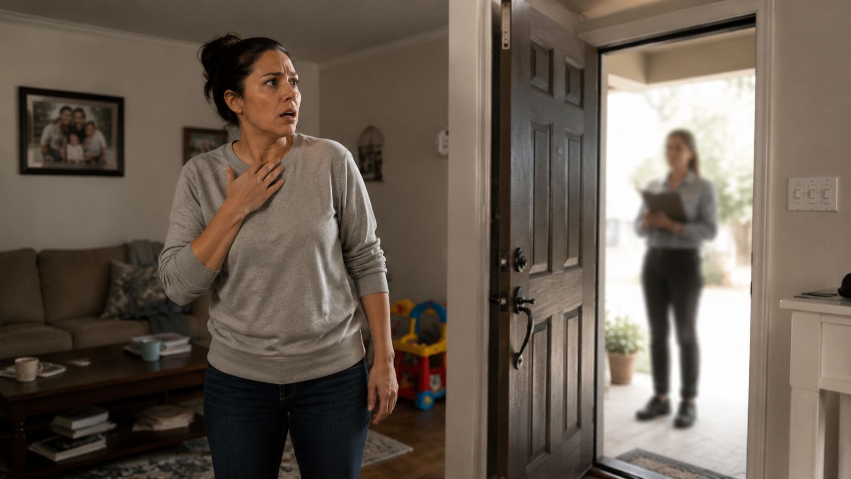 A concerned woman standing in her living room doorway while a social worker approaches her home.
