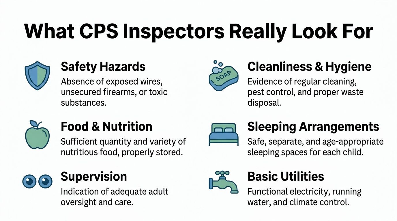 An infographic titled What CPS Inspectors Really Look For, detailing home safety, hygiene, food, and utilities.