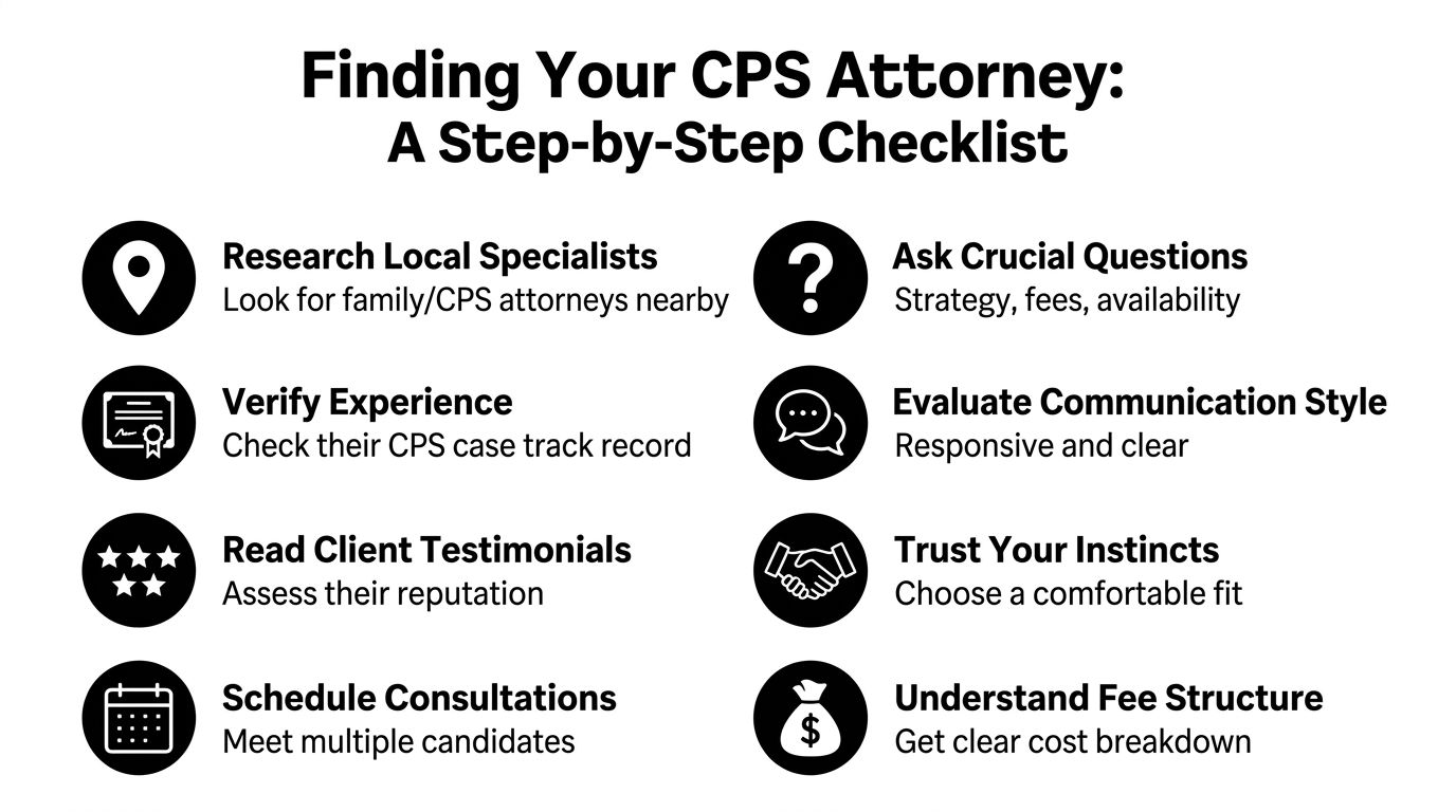 An infographic checklist for finding and choosing a qualified CPS attorney for legal representation.