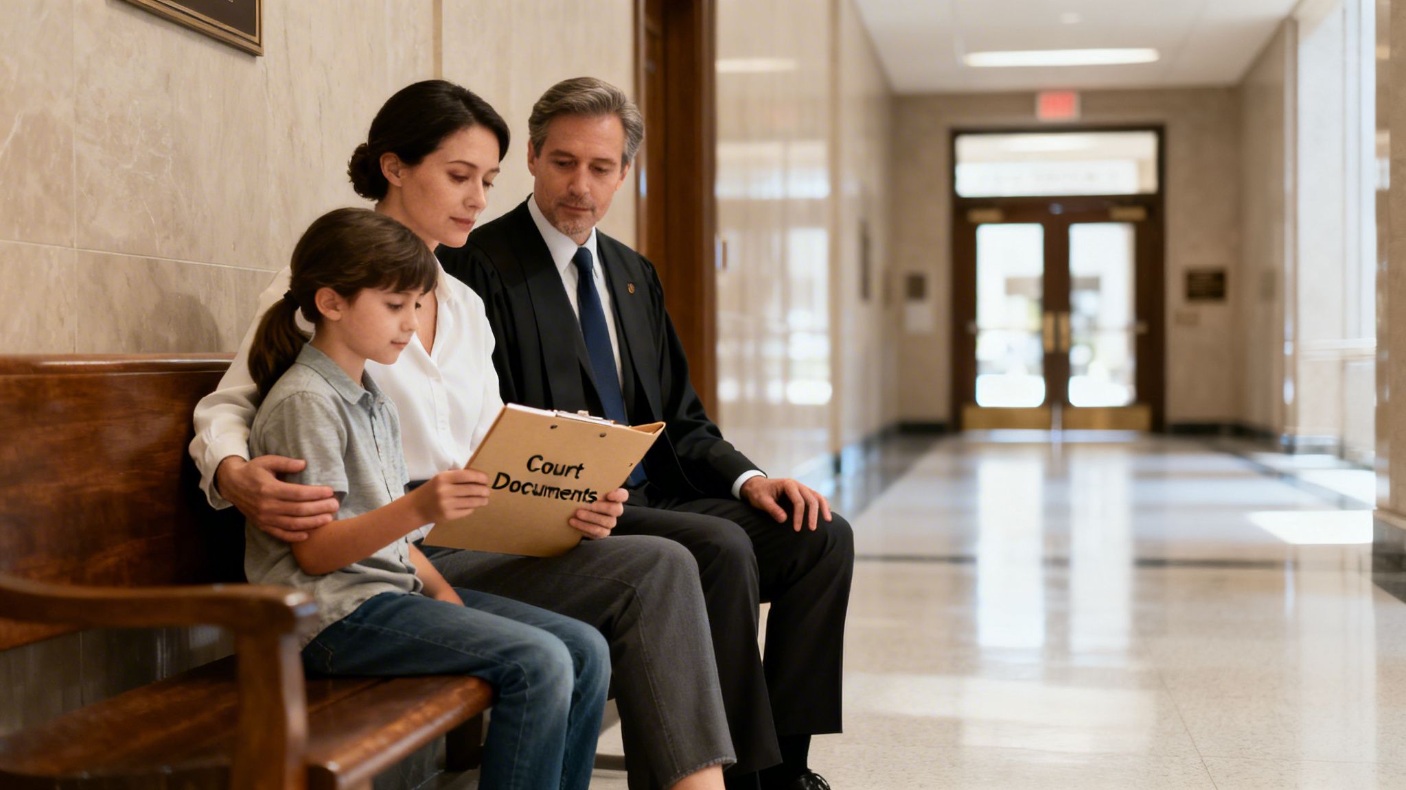 A woman, child, and lawyer review court documents together on a bench in a courthouse hallway.