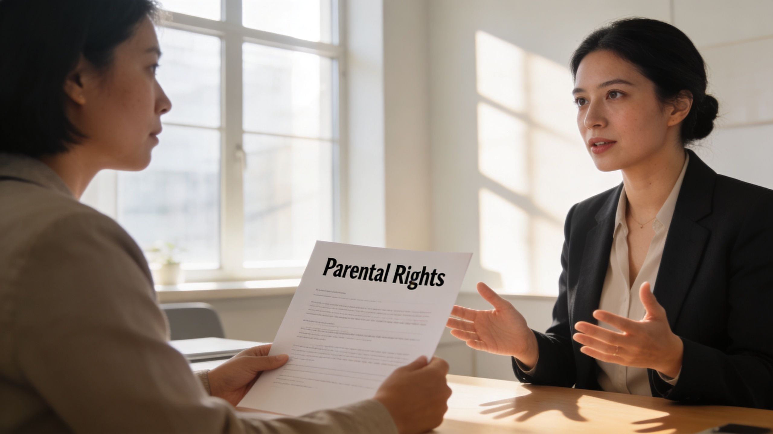 A professional woman discusses legal documentation regarding parental rights with a client in a bright office setting.
