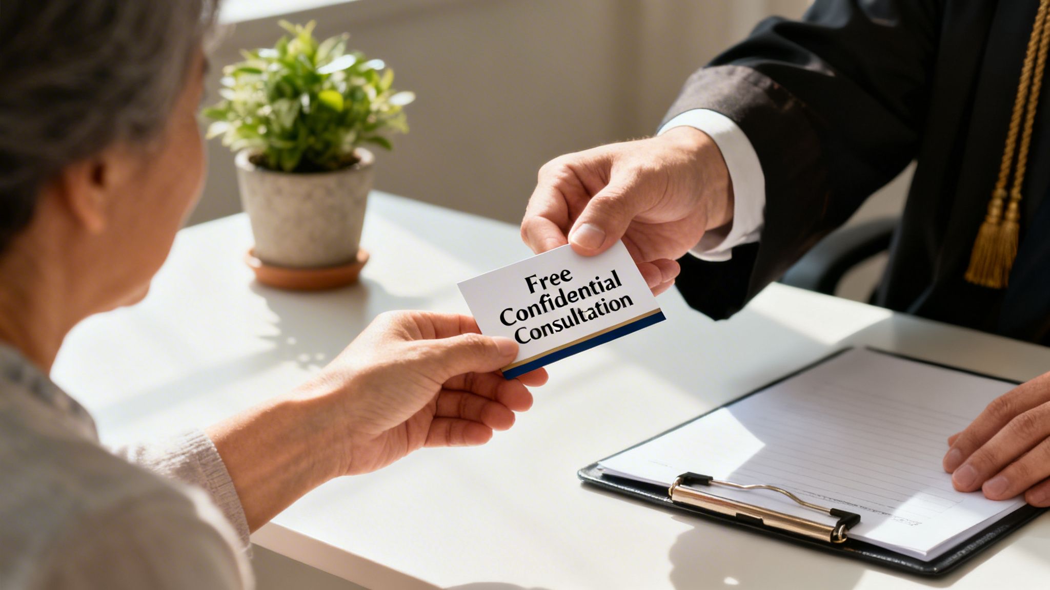 A legal professional offers a "Free Confidential Consultation" card to a potential client.