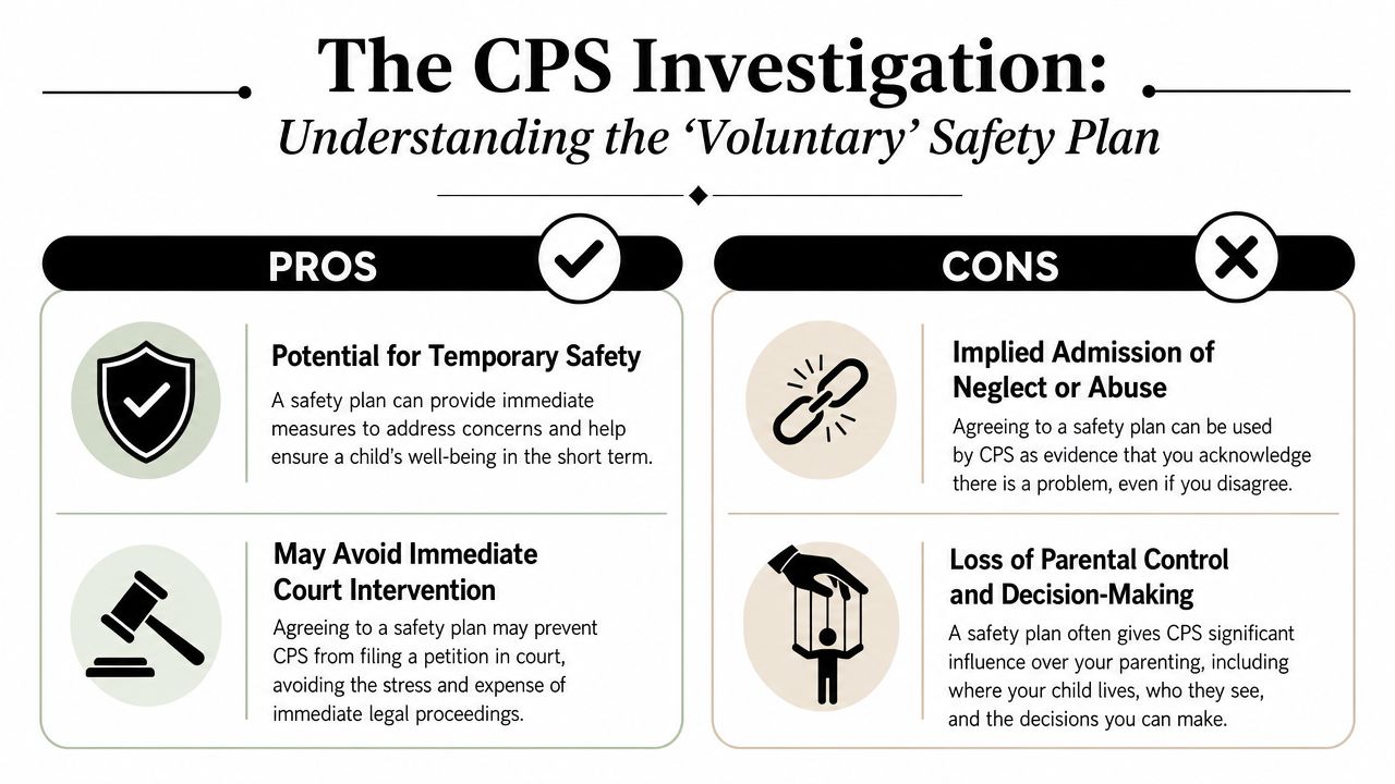 A visual guide outlining the pros and cons of agreeing to a voluntary CPS safety plan.