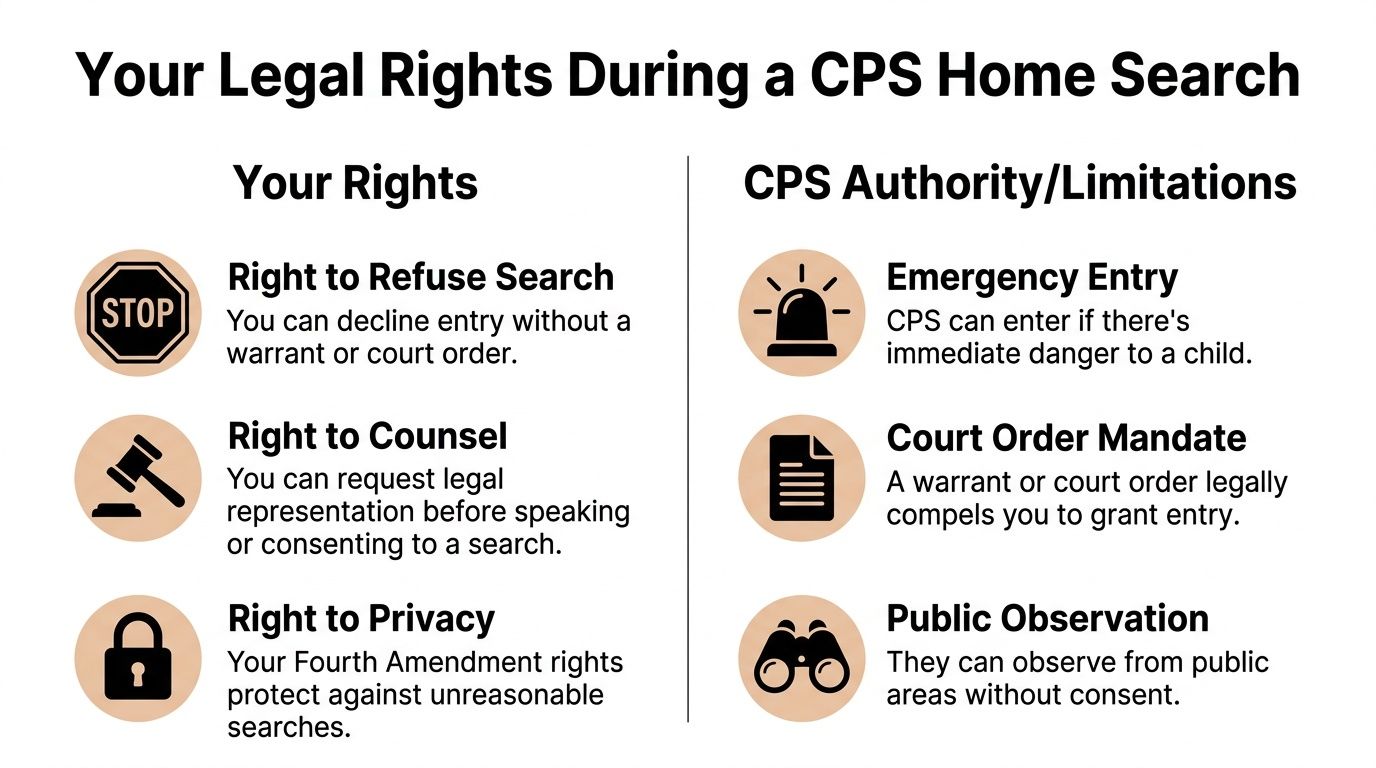 An infographic detailing legal rights and CPS authority during home search procedures for families and parents.