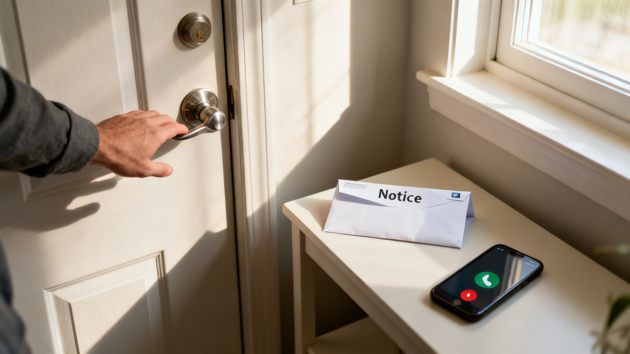 A person's hand reaches for a doorknob, with a 'Notice' envelope and ringing phone on a nearby table.