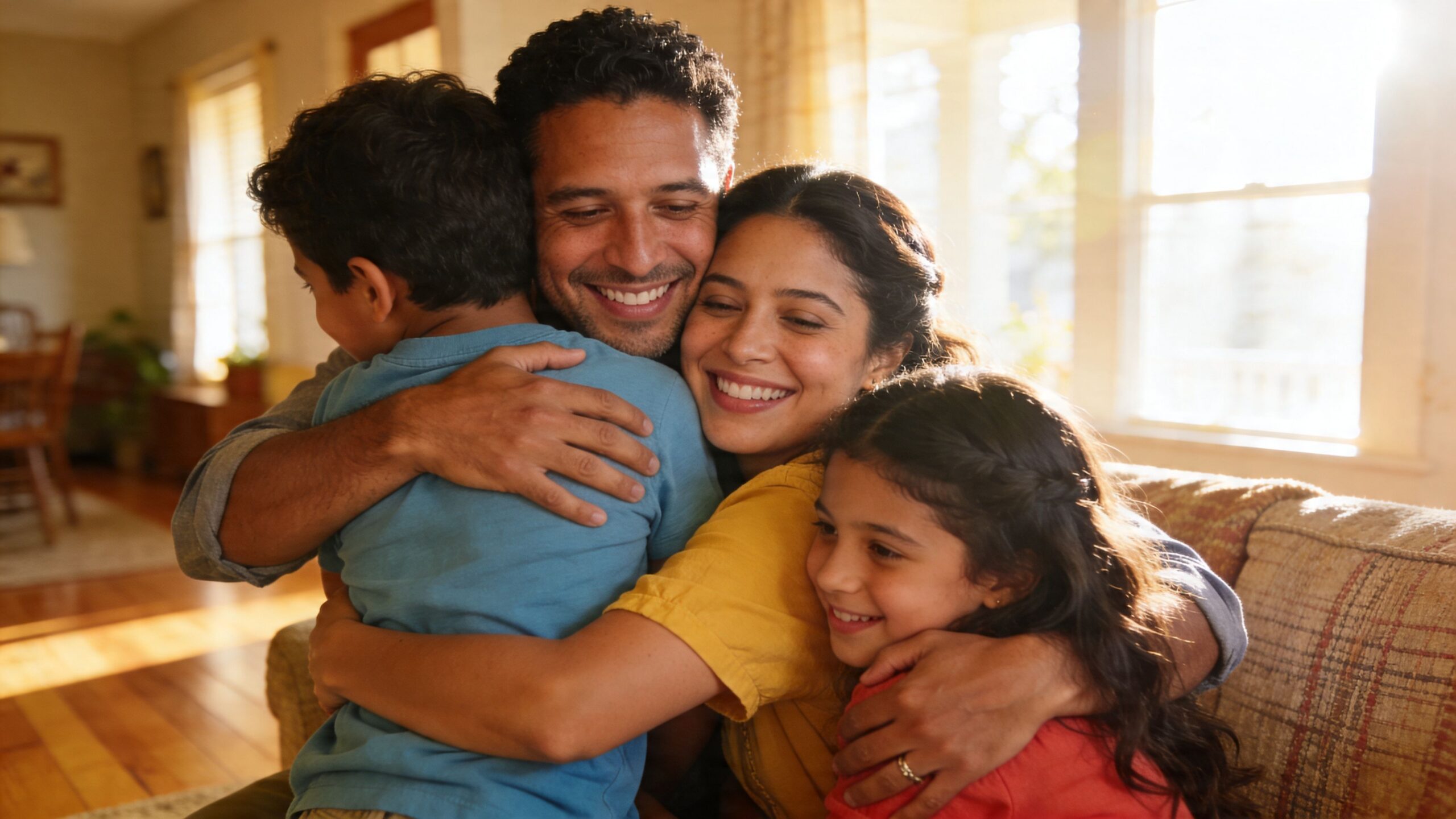 A happy family of four hugging each other warmly at home while sitting on a couch.