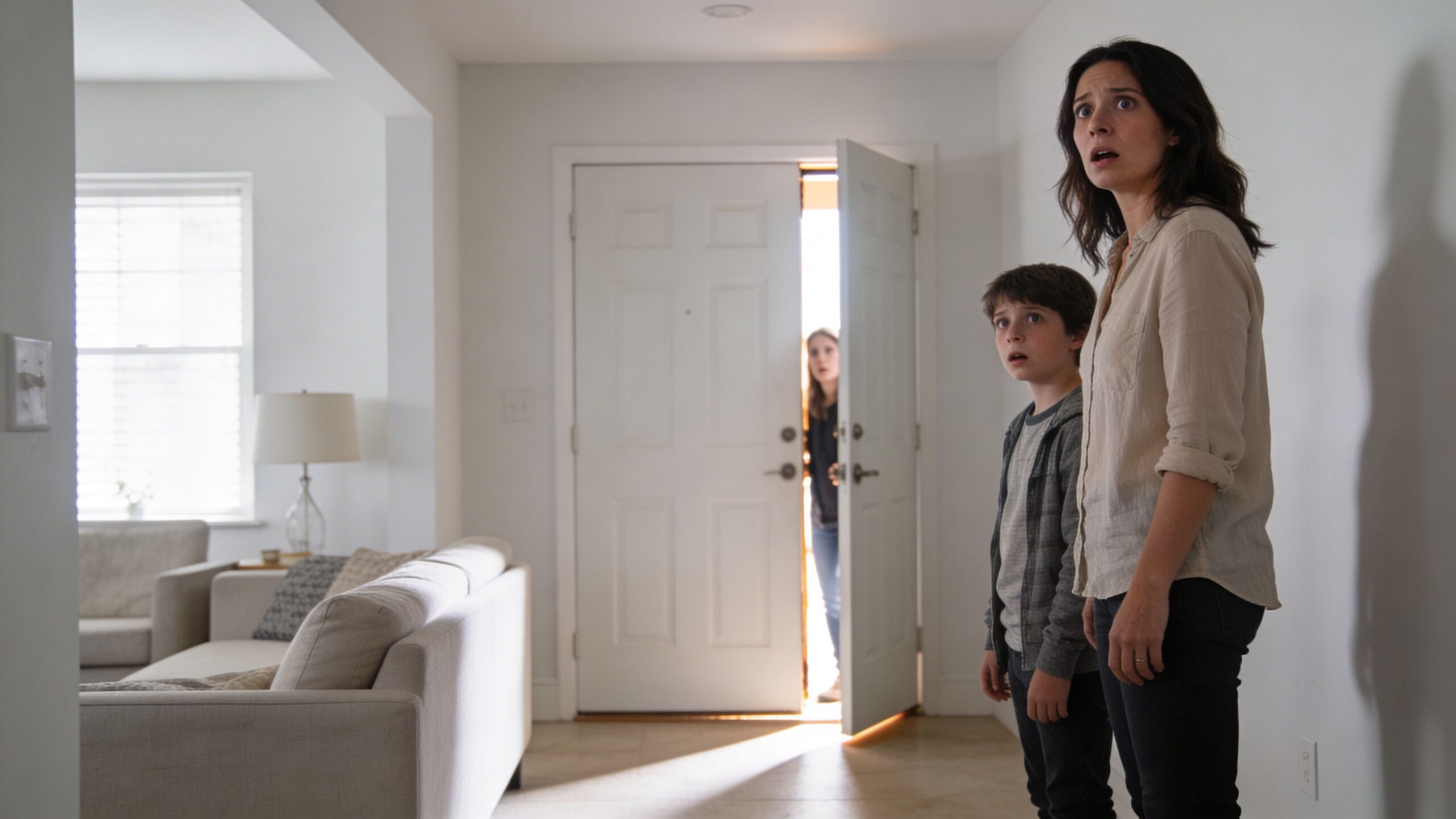 A concerned mother and young son look toward their front door where a woman stands outside.