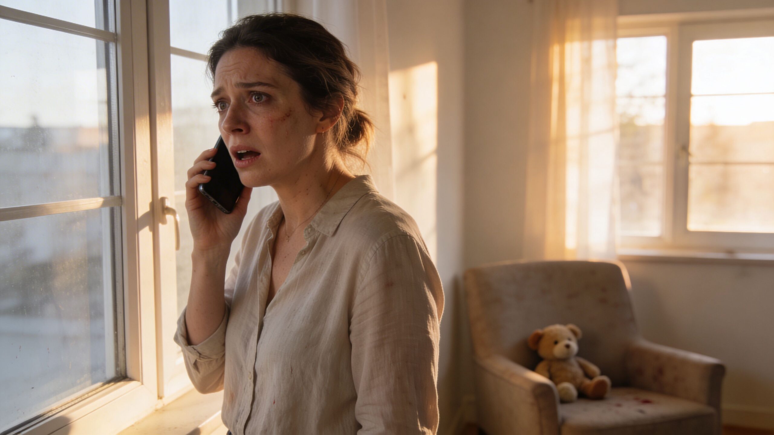 A distressed woman looking out a window while talking on the phone in a quiet living room.