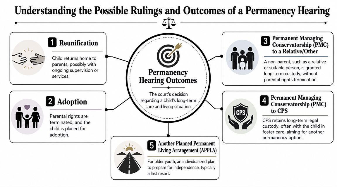 An infographic showing the five possible legal outcomes for a child at a CPS permanency hearing.