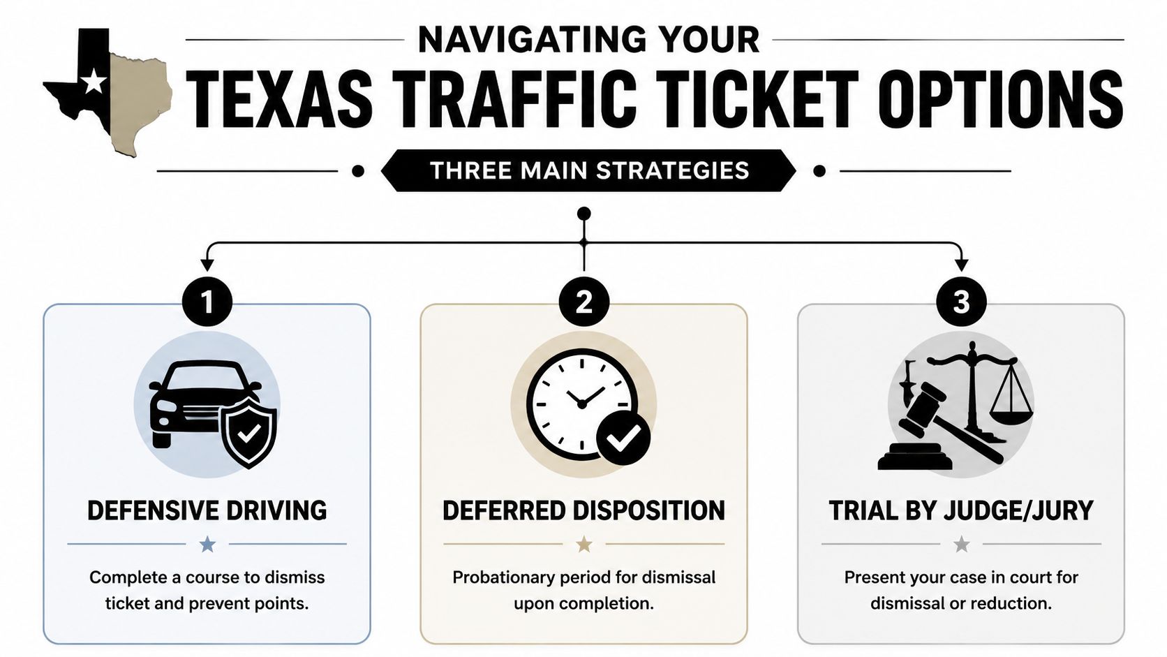 A diagram illustrating three main legal strategies for handling and dismissing traffic tickets in Texas.