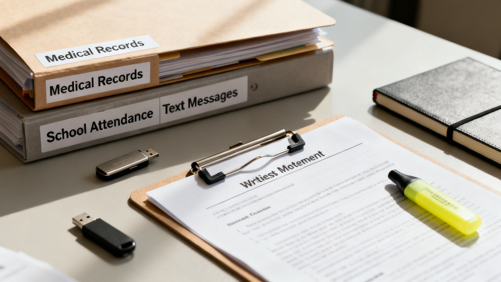 Organized documents, medical records, school attendance, and text message files on a desk with USB drives.