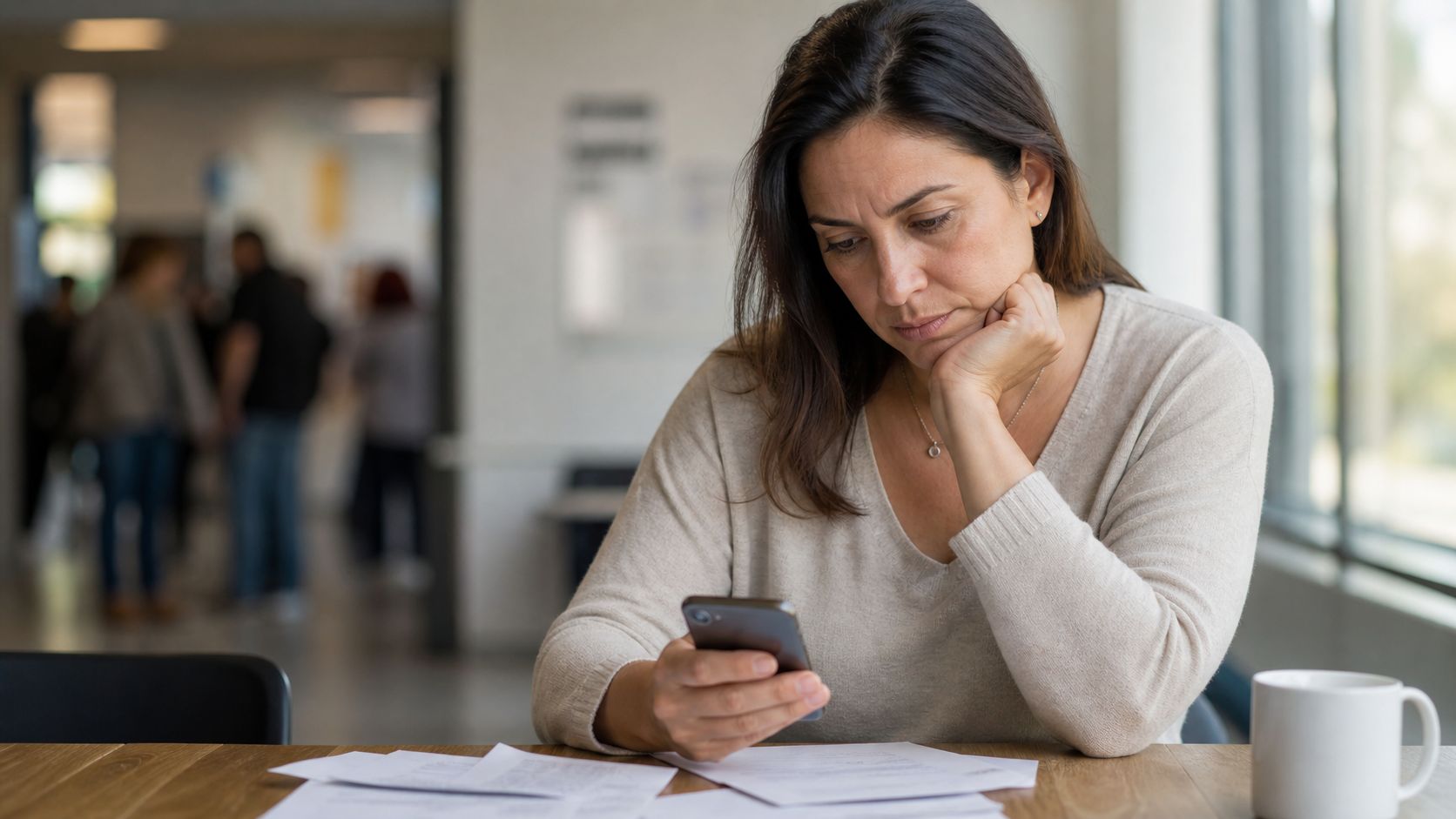 A concerned woman sits at a desk with paperwork, looking at her smartphone in an office setting.