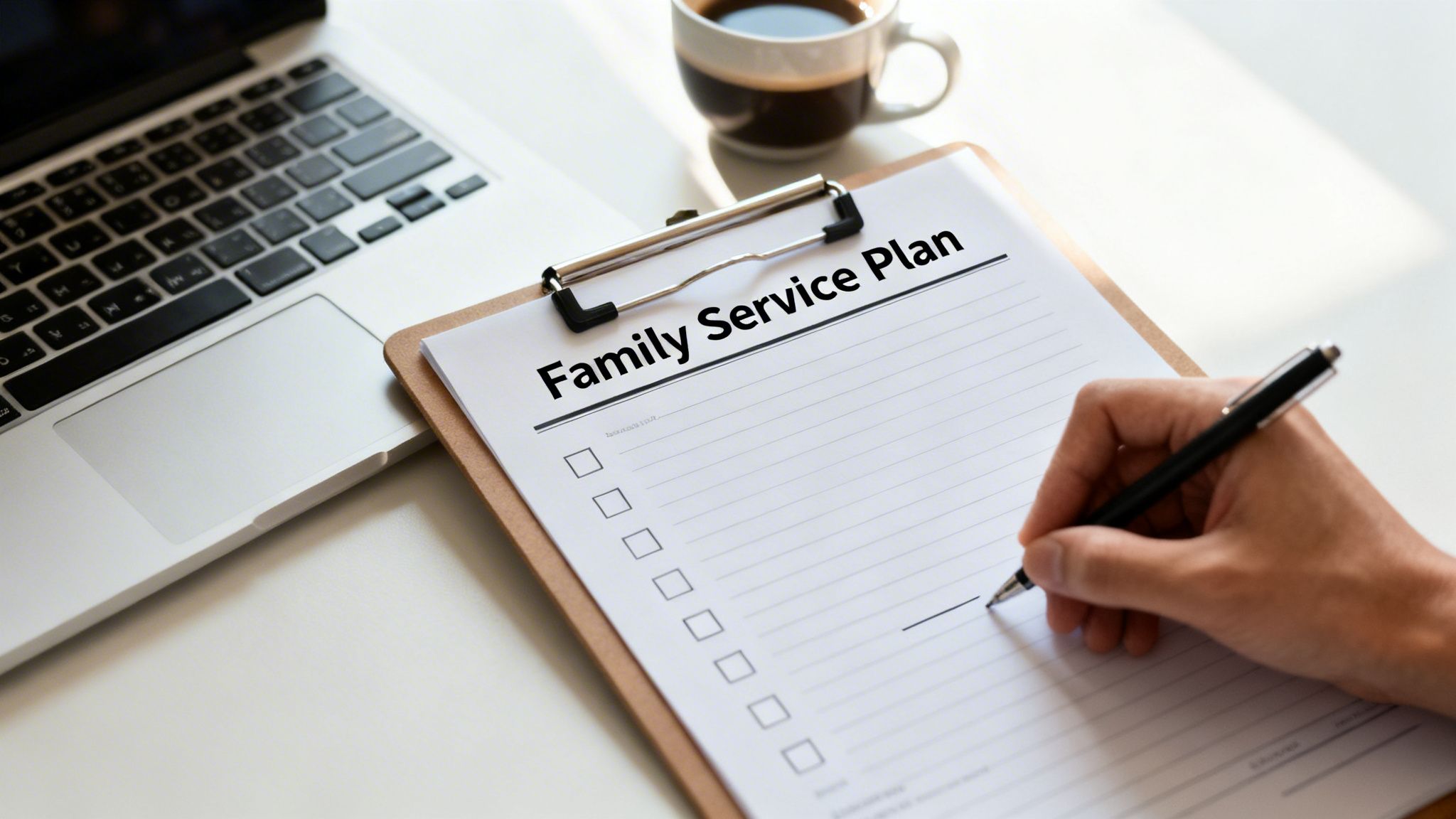 A person is filling out a 'Family Service Plan' document on a clipboard with a pen, next to a laptop and coffee.