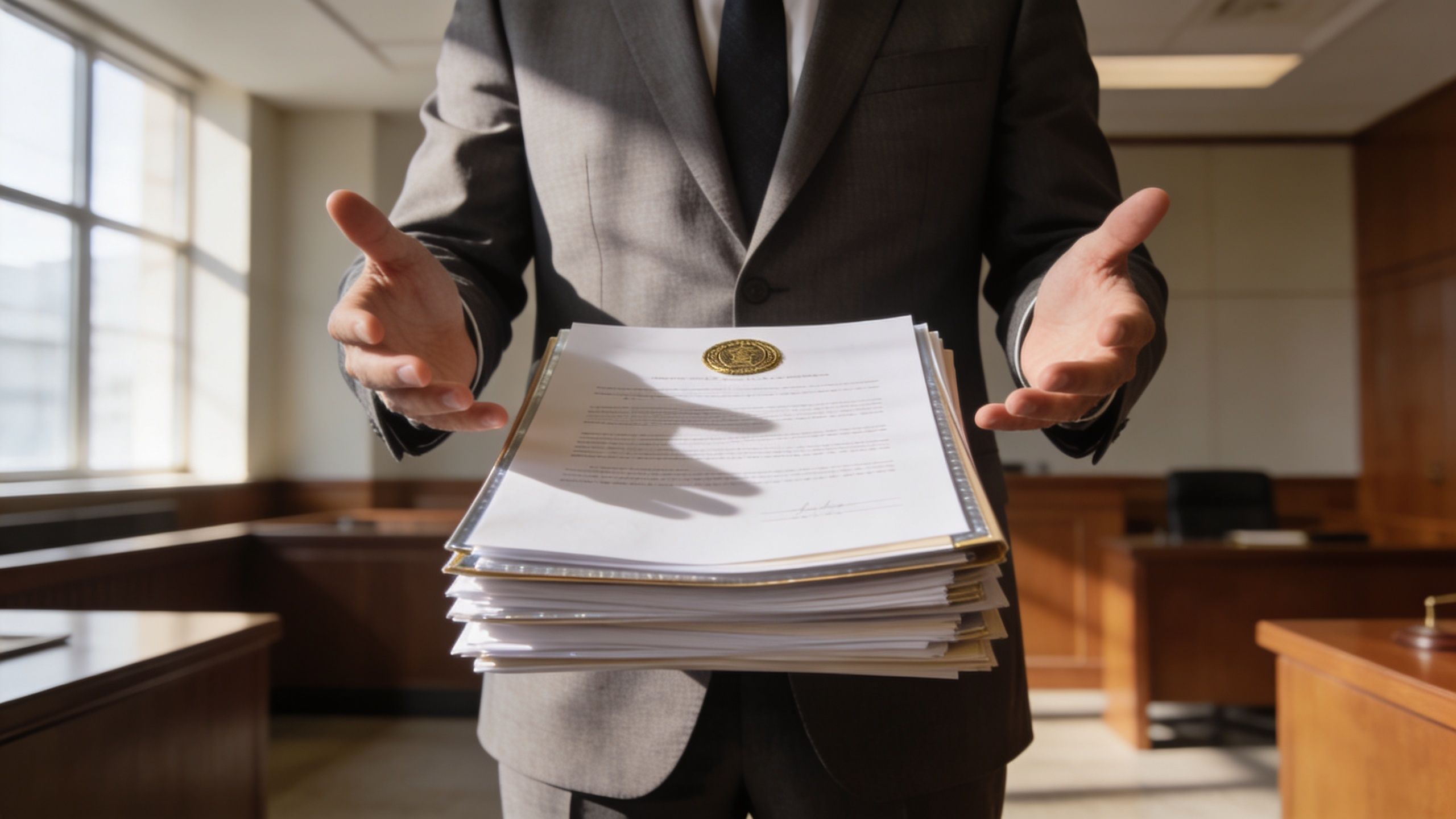 A professional in a grey suit holding a thick stack of legal documents with a golden seal.