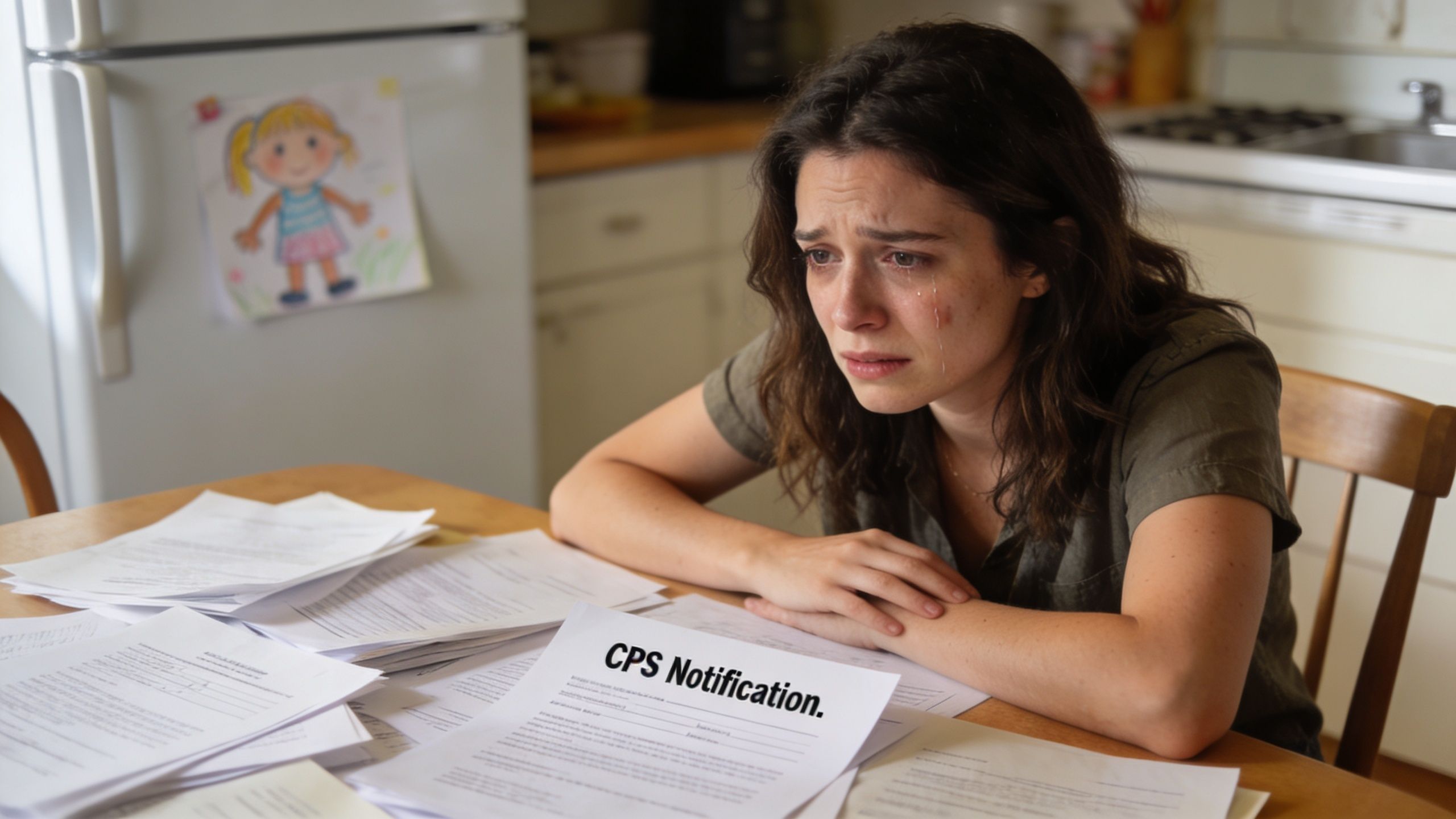 A distressed woman crying at a kitchen table while looking at a CPS notification letter.