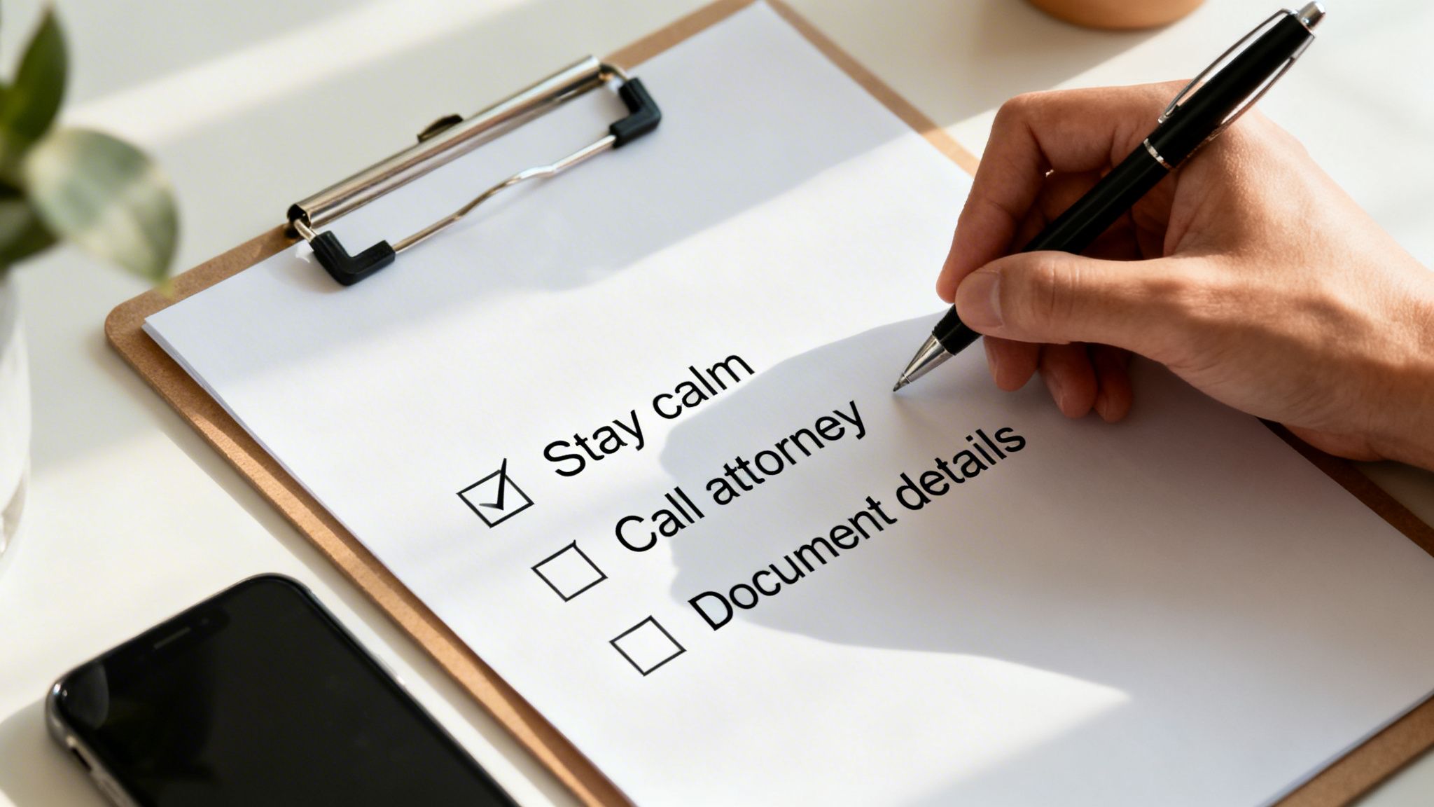 A hand checks 'Stay calm' on a clipboard checklist, with 'Call attorney' and 'Document details' remaining.