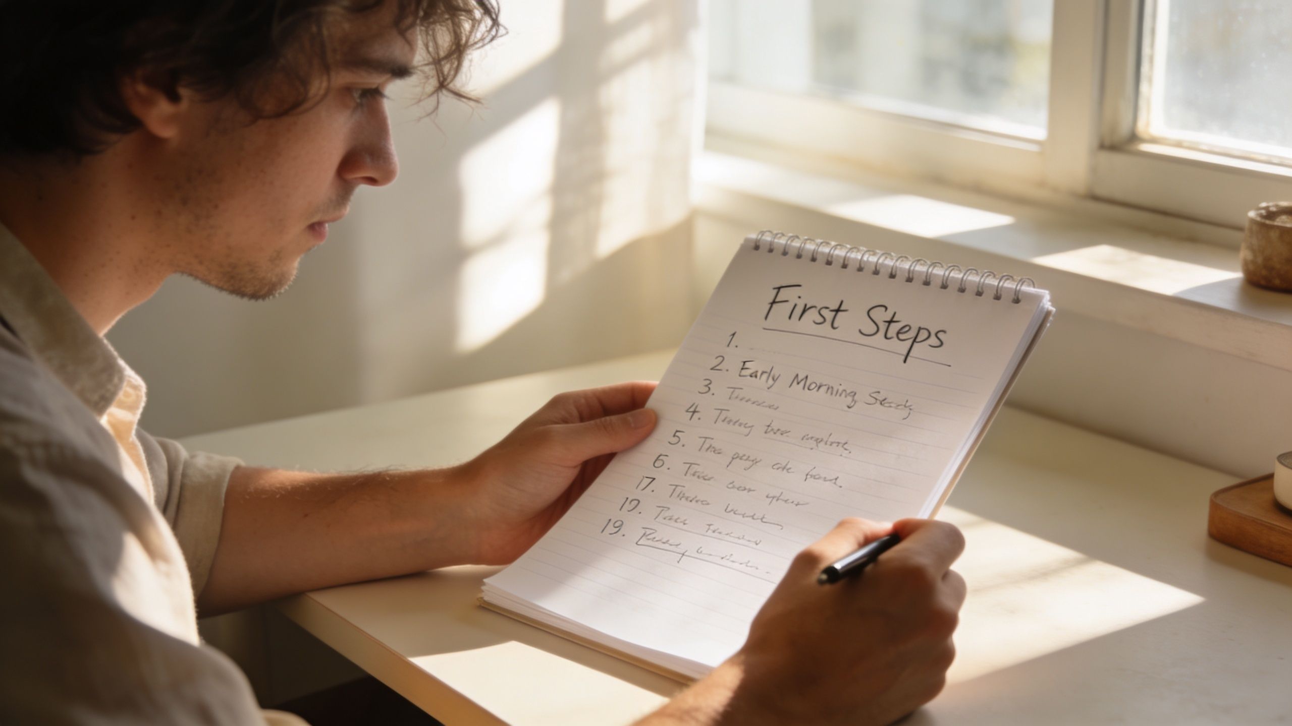 A young man sitting at a desk thoughtfully reviewing and writing in a notebook labeled First Steps.