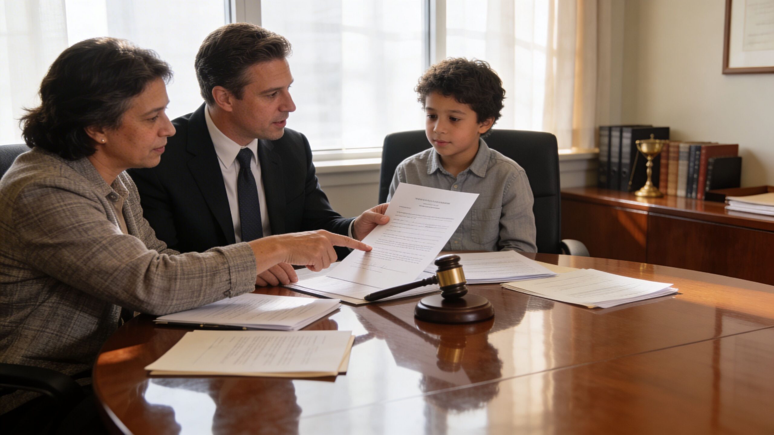 A professional lawyer and a woman reviewing legal documents with a young boy in an office.