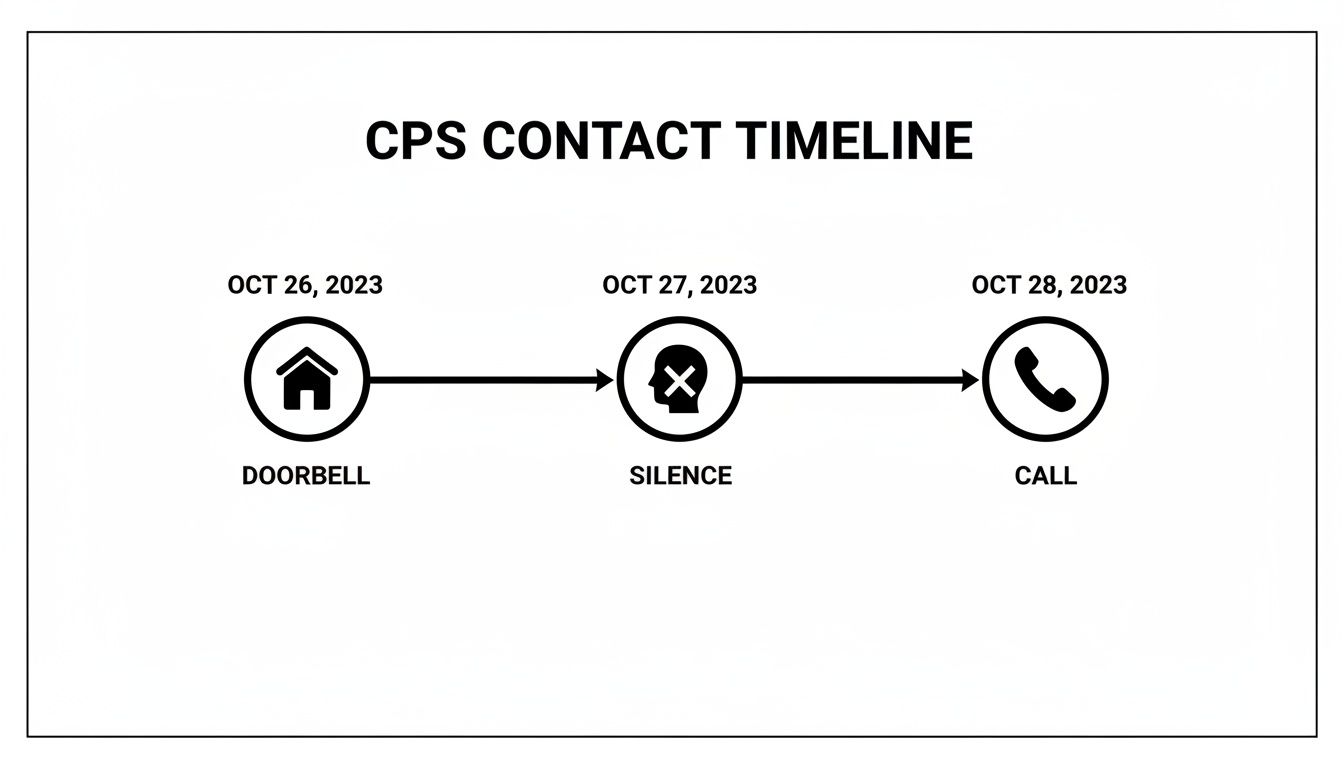 Timeline showing CPS contact events over three days: doorbell, silence, and a phone call.