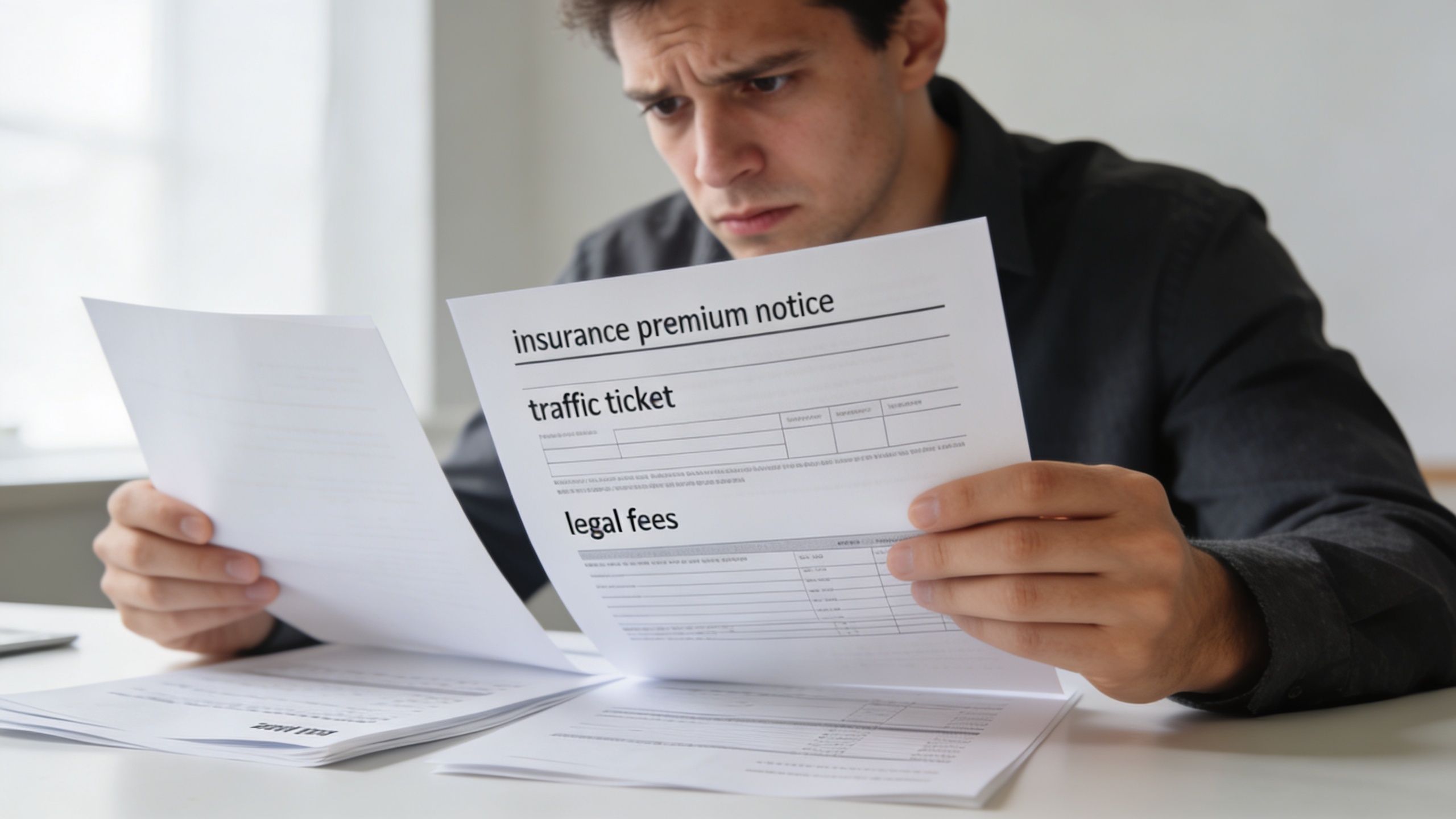 A worried man sitting at a desk while reviewing various bills and documents regarding financial expenses.