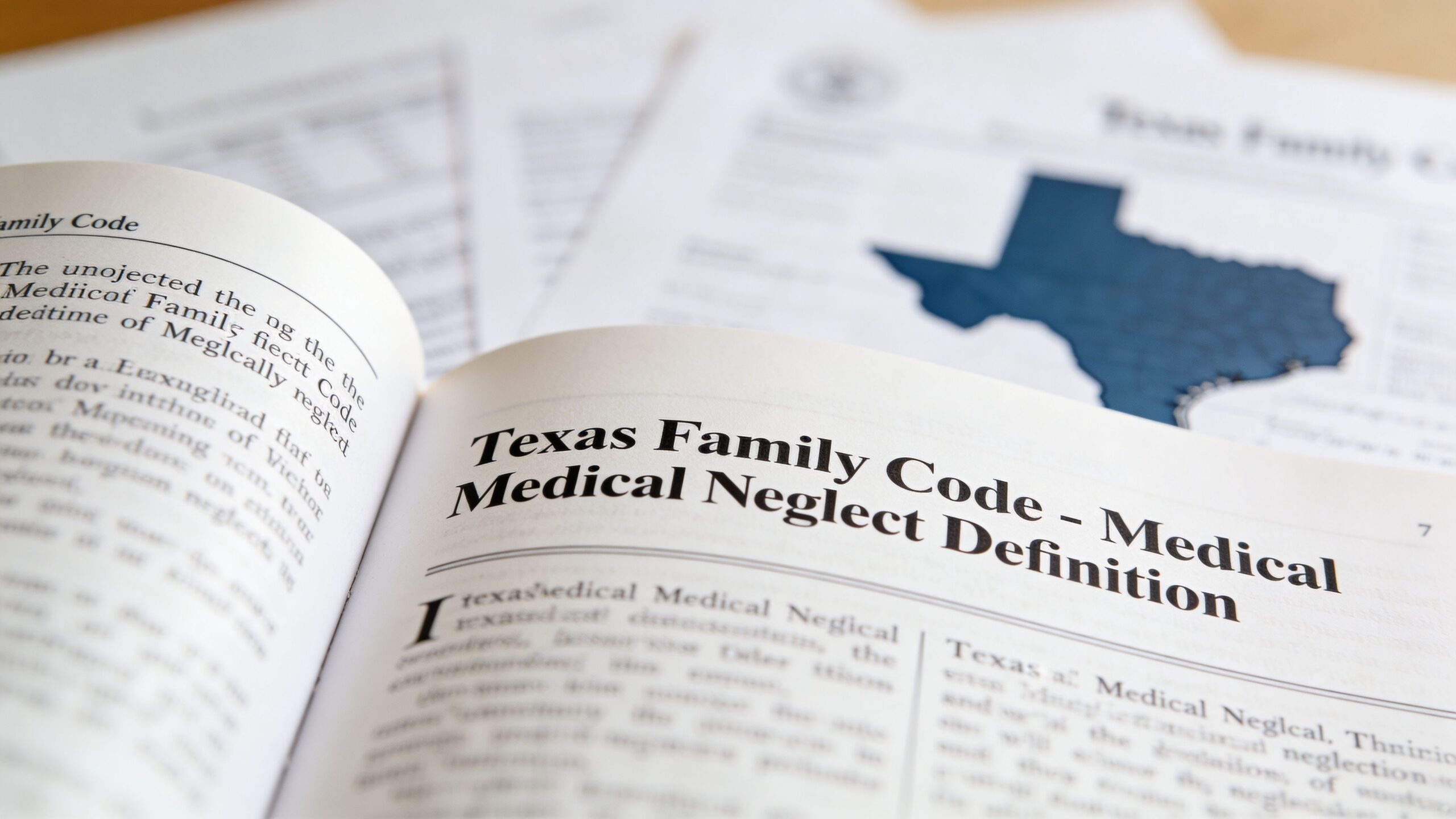 A close-up view of an open legal document titled Texas Family Code - Medical Neglect Definition.