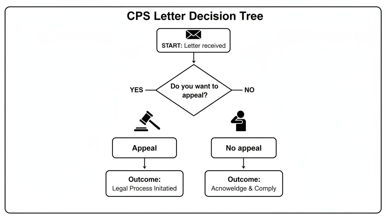 A CPS letter decision tree: start with letter received, decide to appeal or not, leading to legal process or compliance.