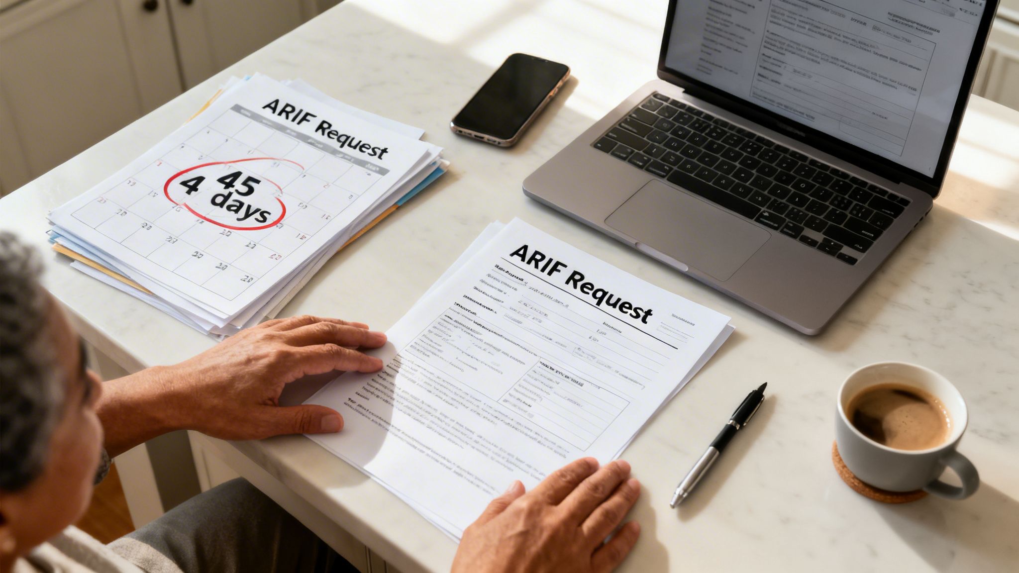 A person reviews 'ARIF Request' documents and a calendar with '45 days' circled on a desk.