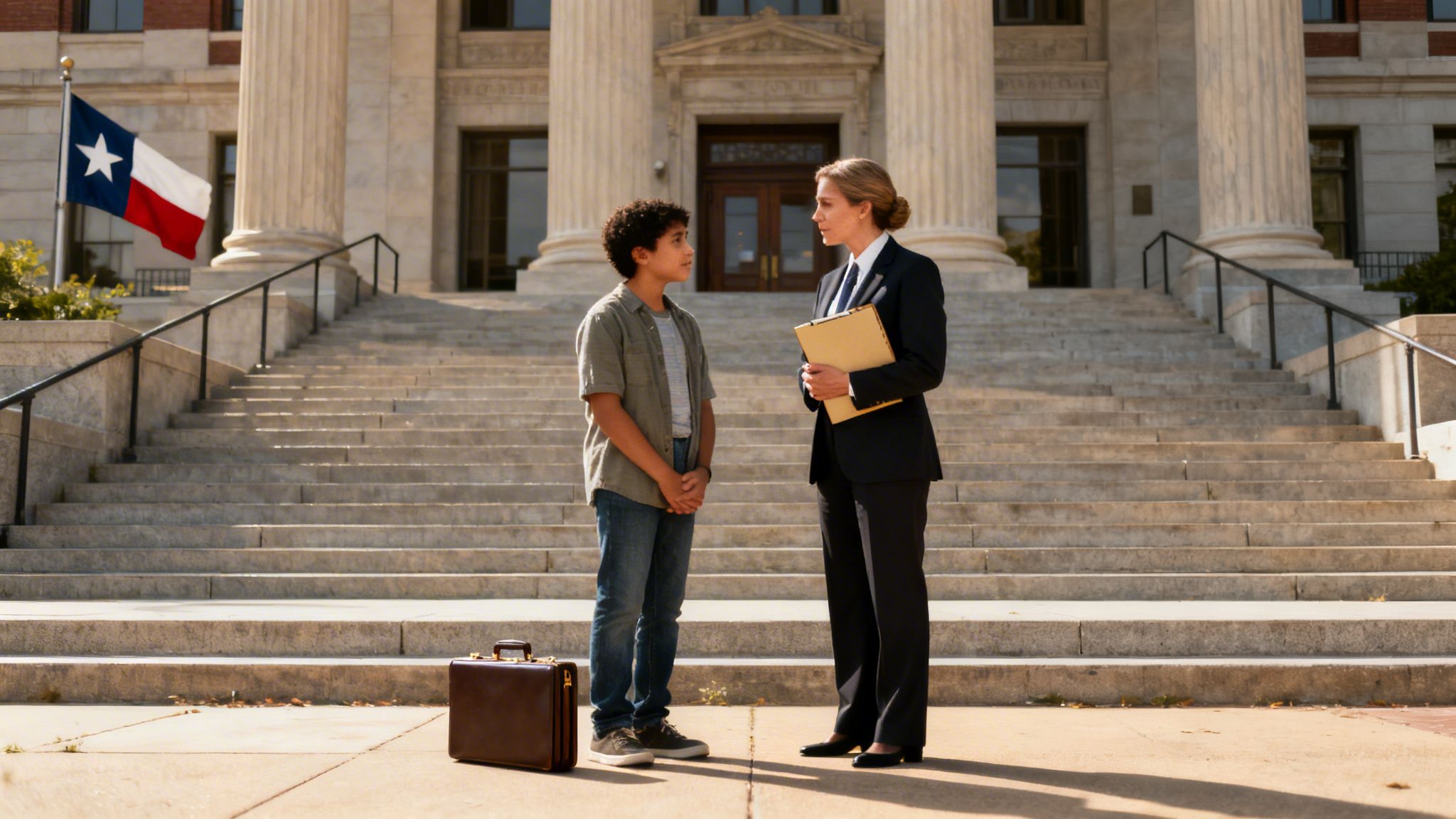 A young boy and a woman in a suit talk outside a courthouse with a Texas flag.