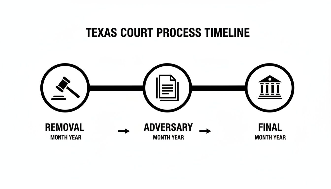 Timeline showing the Texas court process with stages: Removal, Adversary, and Final.