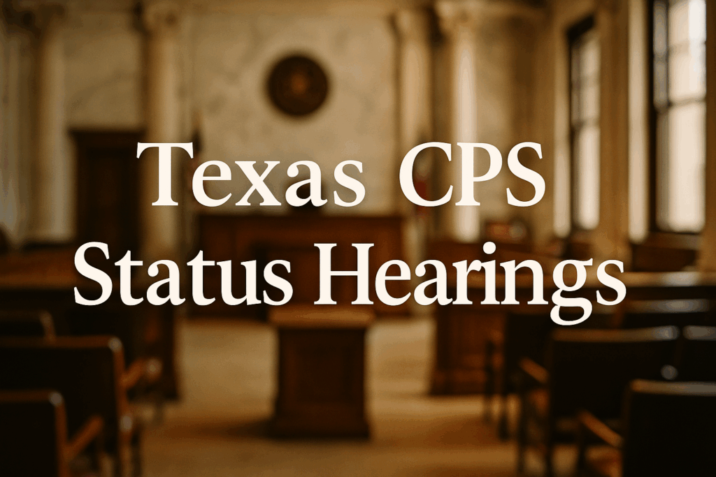 An overview of Texas CPS status hearings with a blurred image of a courtroom in the background.