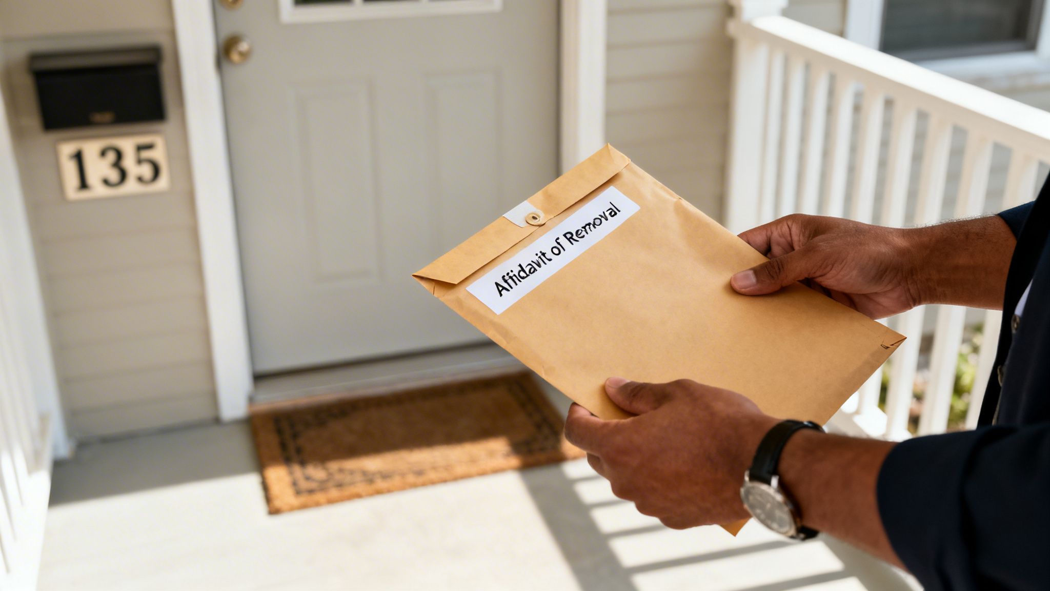 A person holds an 'Affidavit of Removal' envelope on a house porch with number 135.