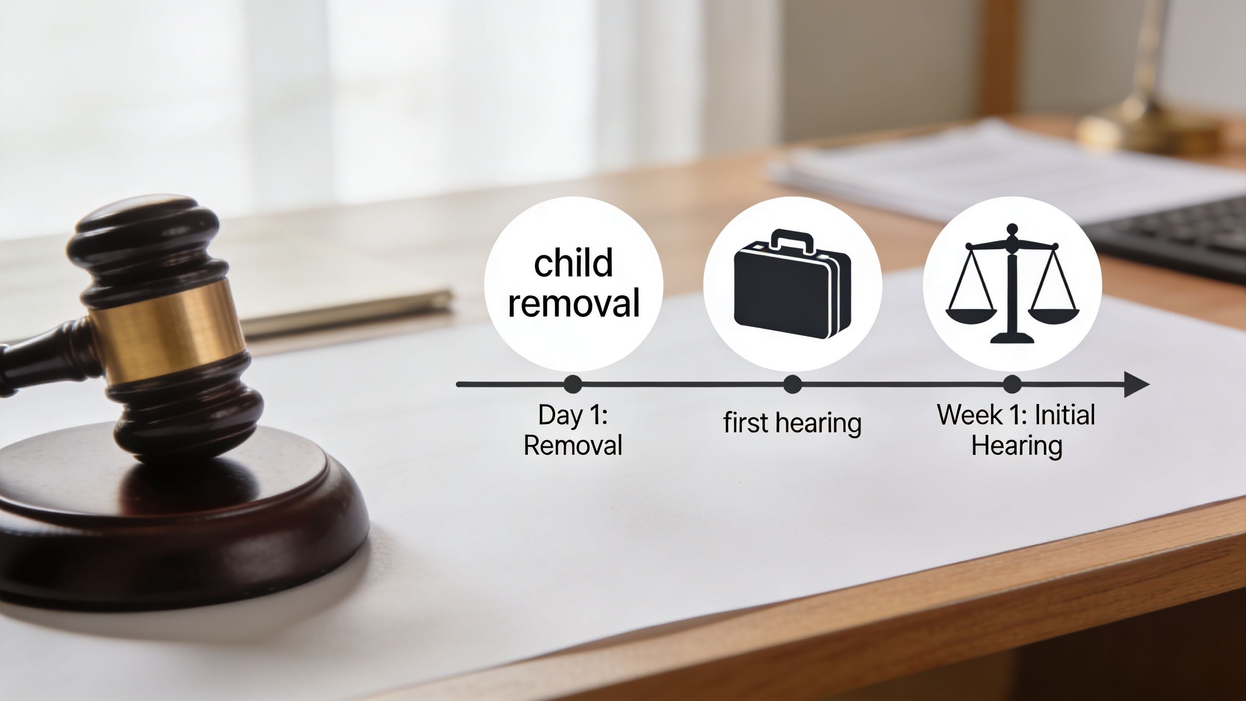 A gavel resting on a desk next to an infographic showing the timeline for child removal and hearings.