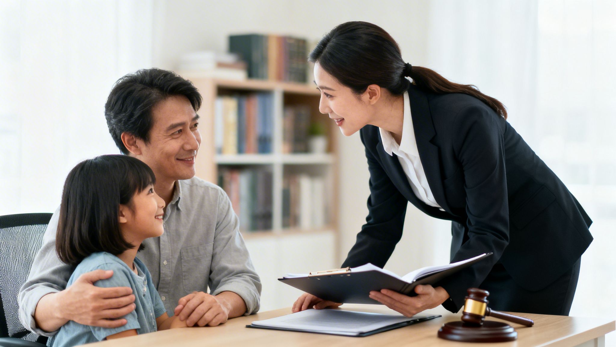 A female lawyer consults with a smiling father and his young daughter at a table.