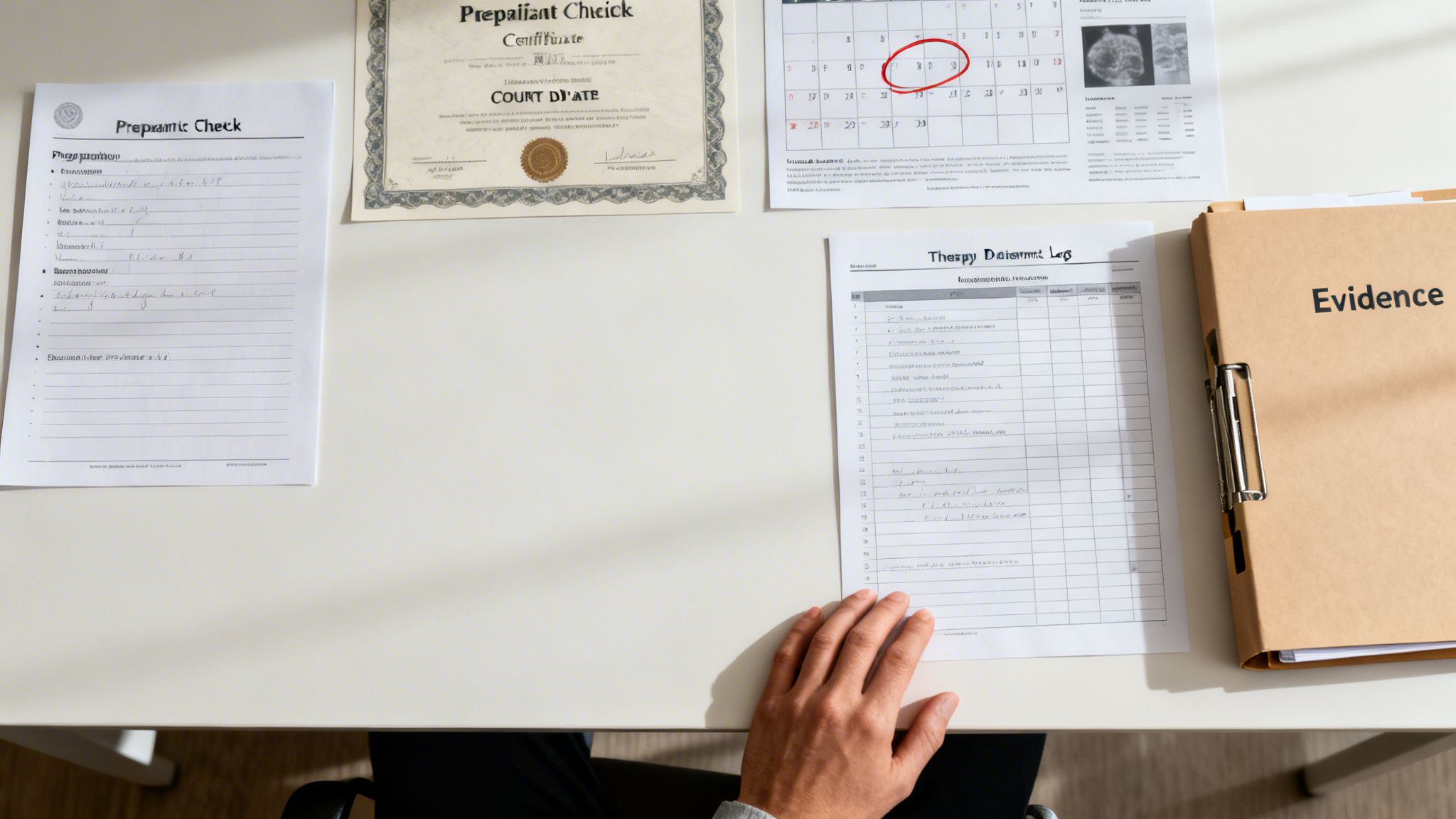 Overhead view of a person's hand on a desk with legal and medical documents, calendar, and an 'Evidence' folder.