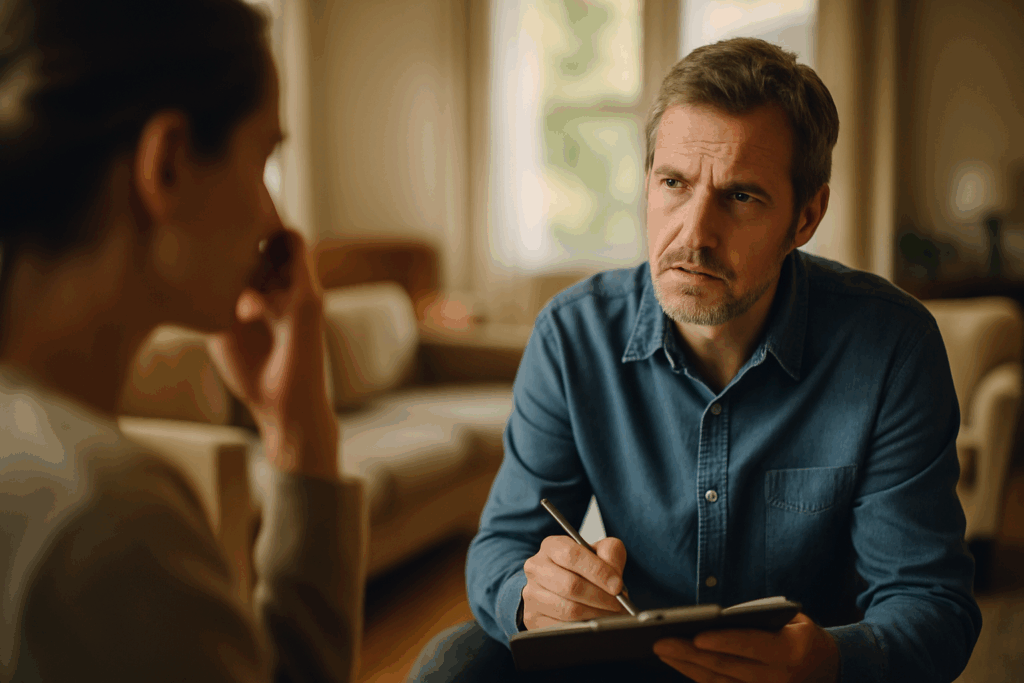 A blurred image of a concerned adult discussing a CPS investigation, illustrating what triggers a CPS investigation.