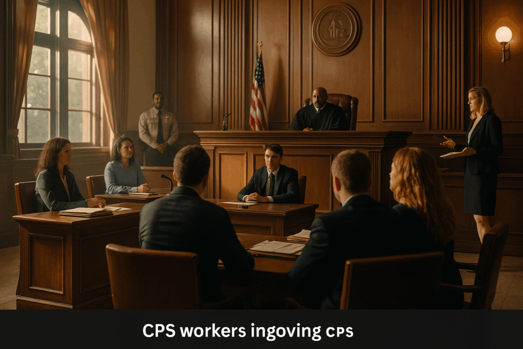 A courtroom scene representing legal proceedings involving CPS, illustrating the gravity of child protective services cases.
