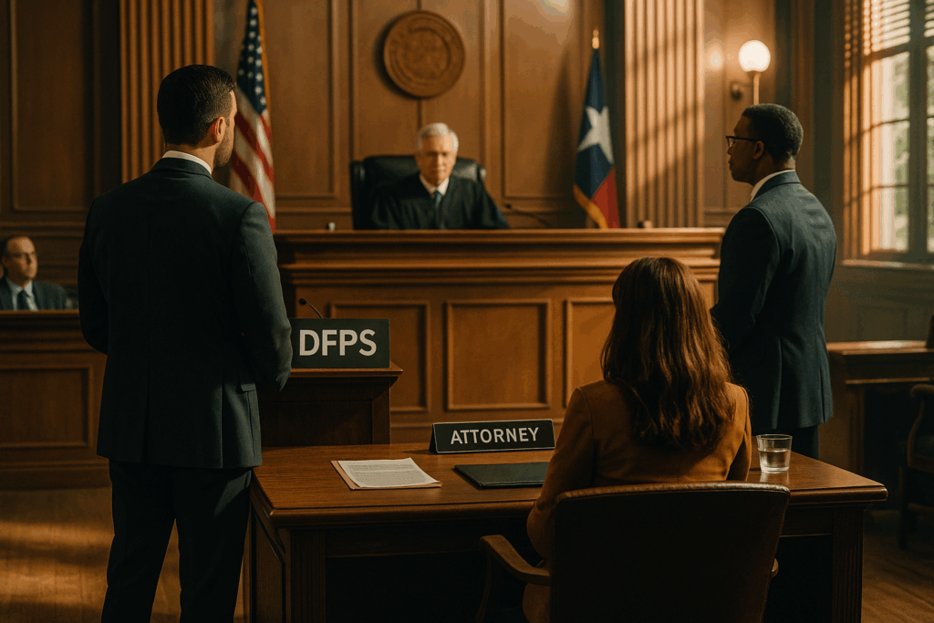 A courtroom scene where DFPS and the courts are involved in a child protective services case.