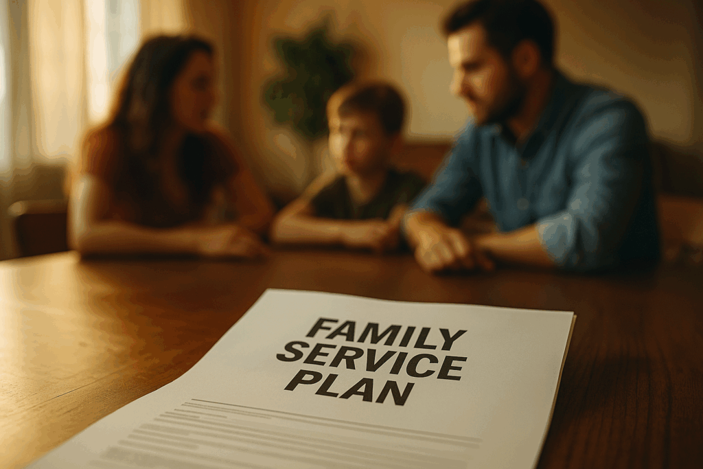 A family service plan document on a table with blurred images of family members in the background.