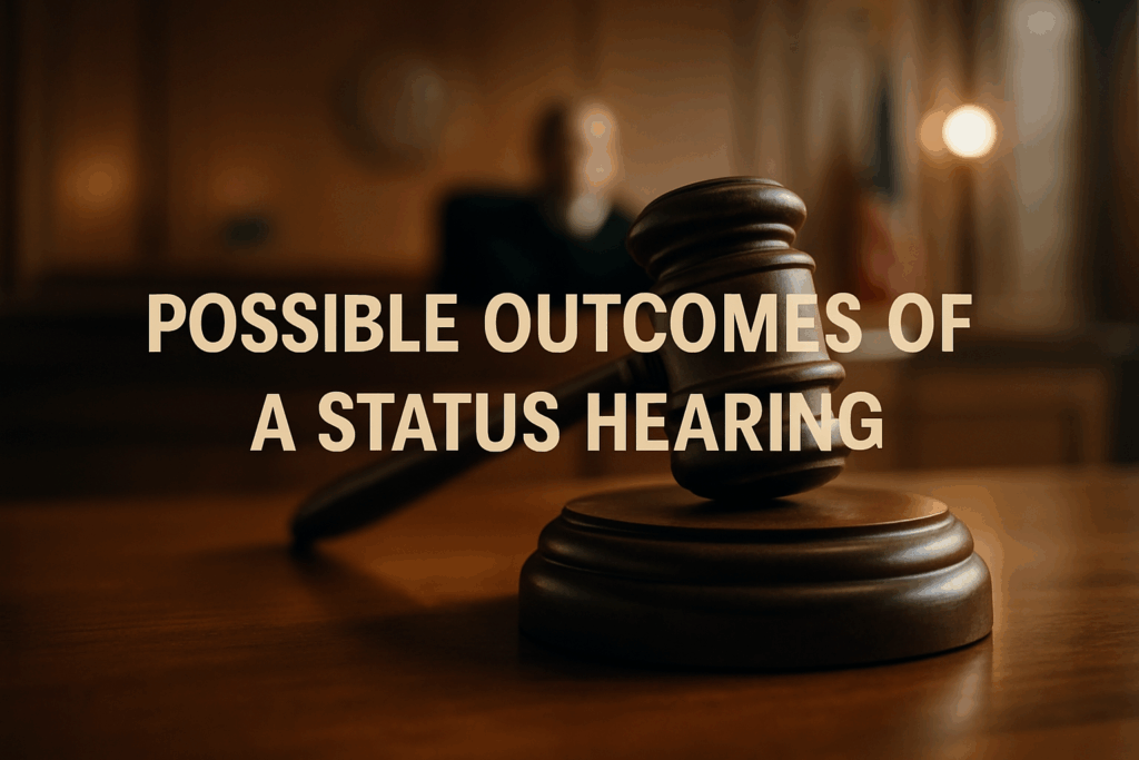 A gavel on a judge's bench representing possible outcomes of a status hearing.