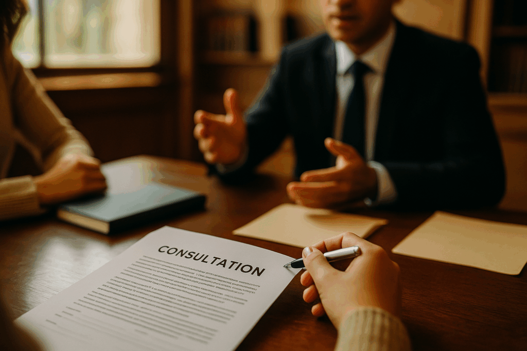 A legal consultation scene with a blurred image of a lawyer and a client discussing documents.